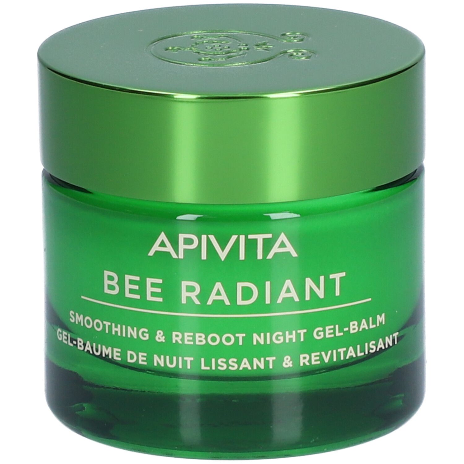 Grünes Tiegel mit Deckel. Aufschrift: APIVITA BEE RADIANT Smoothing & Reboot Night Gel-Balm.
