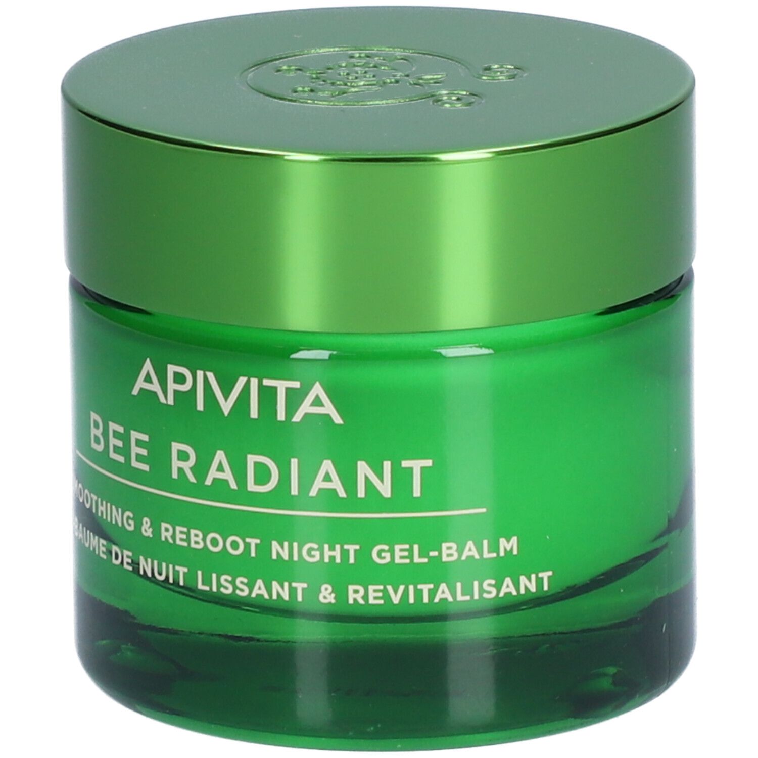 Grünes Tiegel mit Deckel. Aufschrift: APIVITA BEE RADIANT Smoothing & Reboot Night Gel-Balm.