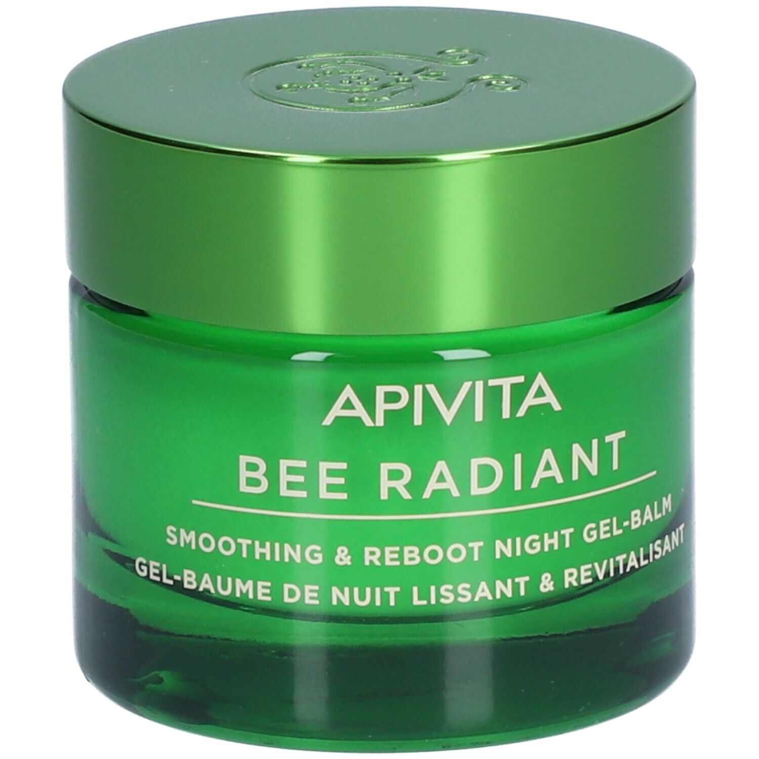 Grünes Tiegel mit Deckel. Aufschrift: APIVITA BEE RADIANT Smoothing & Reboot Night Gel-Balm.
