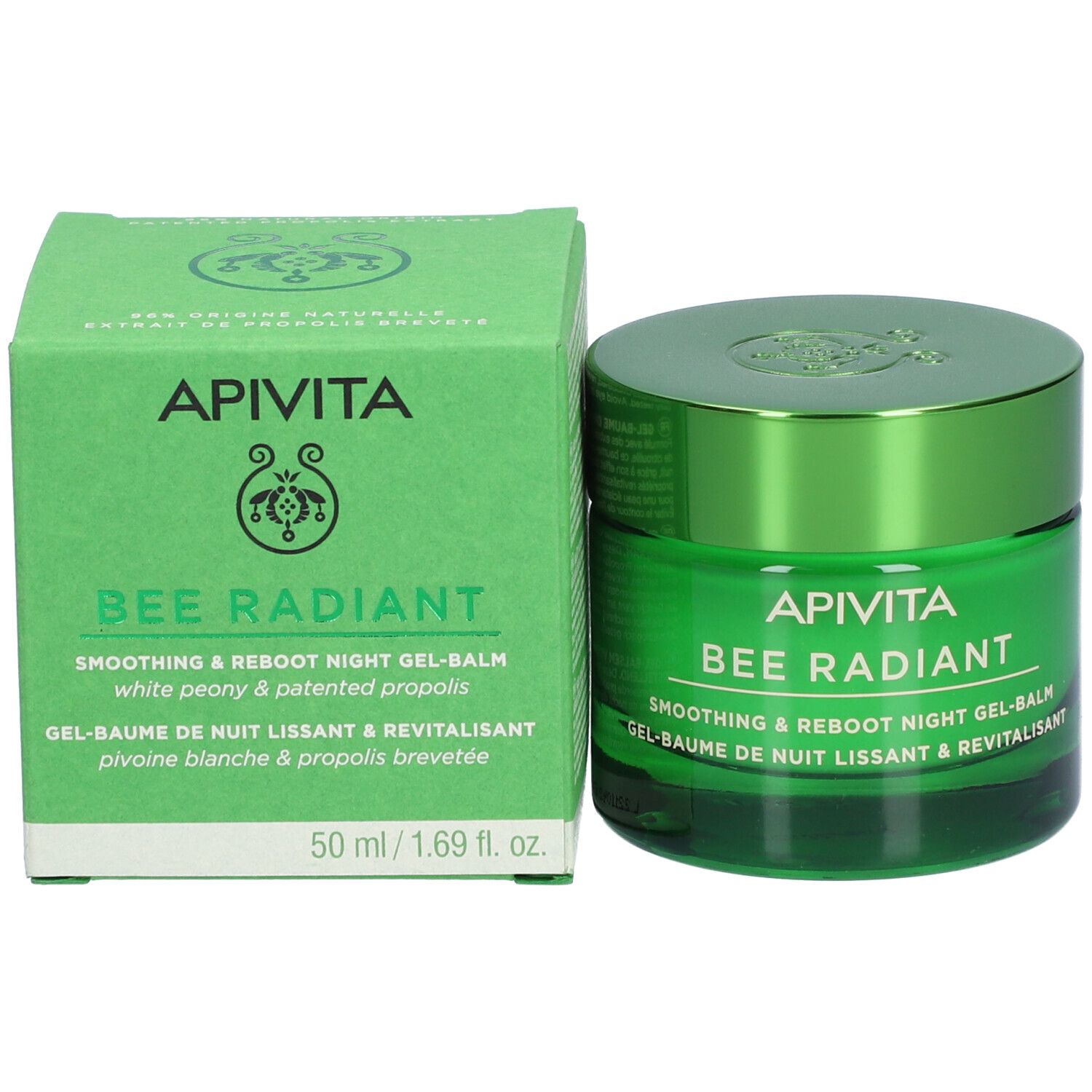 Grüne Schachtel und Tiegel. Aufschrift: APIVITA BEE RADIANT Smoothing & Reboot Night Gel-Balm.