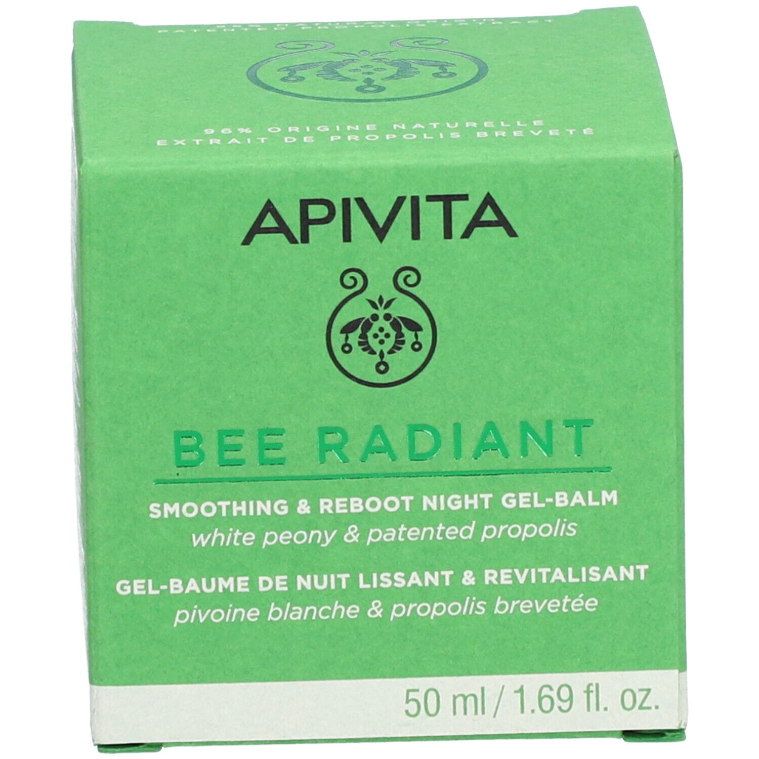 Grüne Schachtel. Aufschrift: APIVITA BEE RADIANT Smoothing & Reboot Night Gel-Balm.