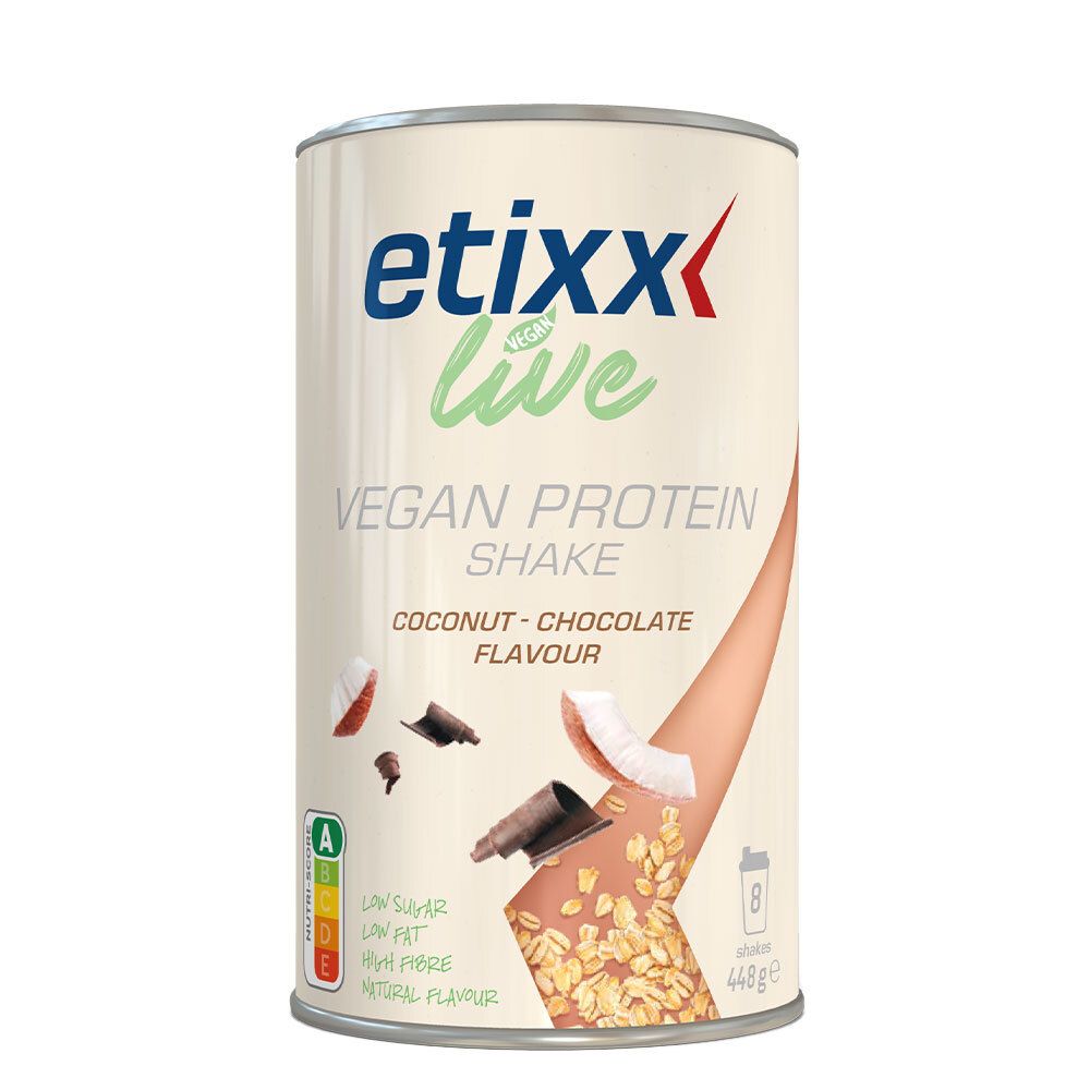 Boîte de etixx Live Vegan Protein Shake. Saveur noix de coco-chocolat. Contient des morceaux de noix de coco et de chocolat. Label A.