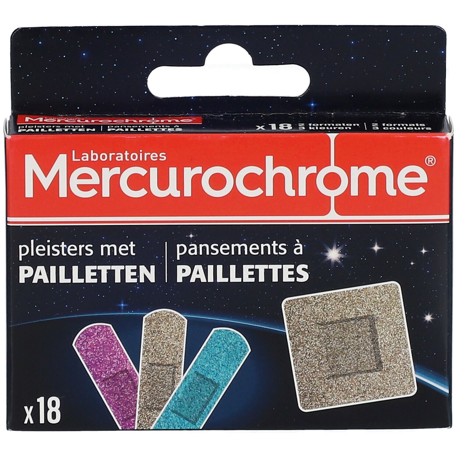 Verpakking pleisters Mercurochrome, 18 stuks. Verschillende kleuren en vormen.