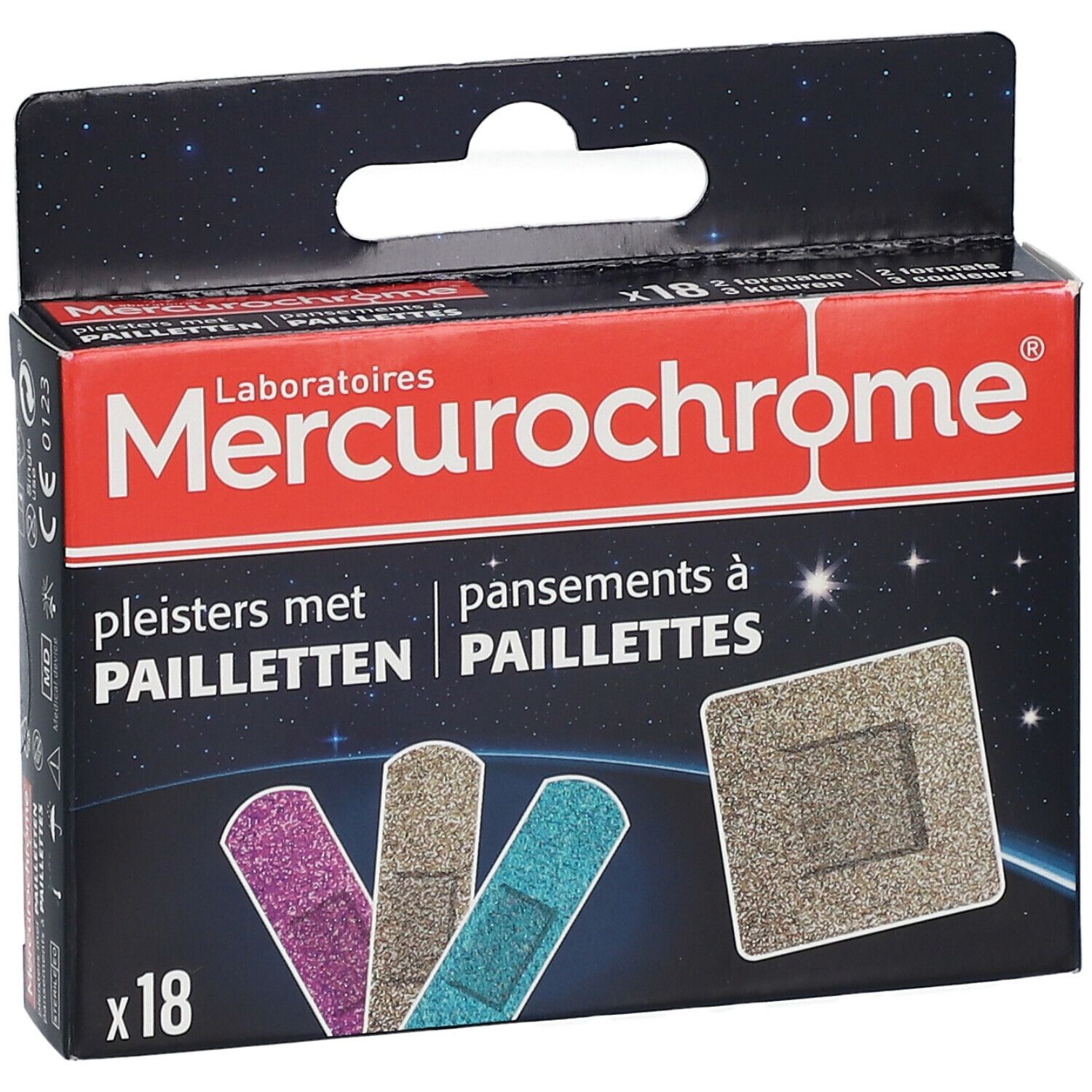 Verpakking pleisters Mercurochrome, 18 stuks. Verschillende kleuren en vormen.