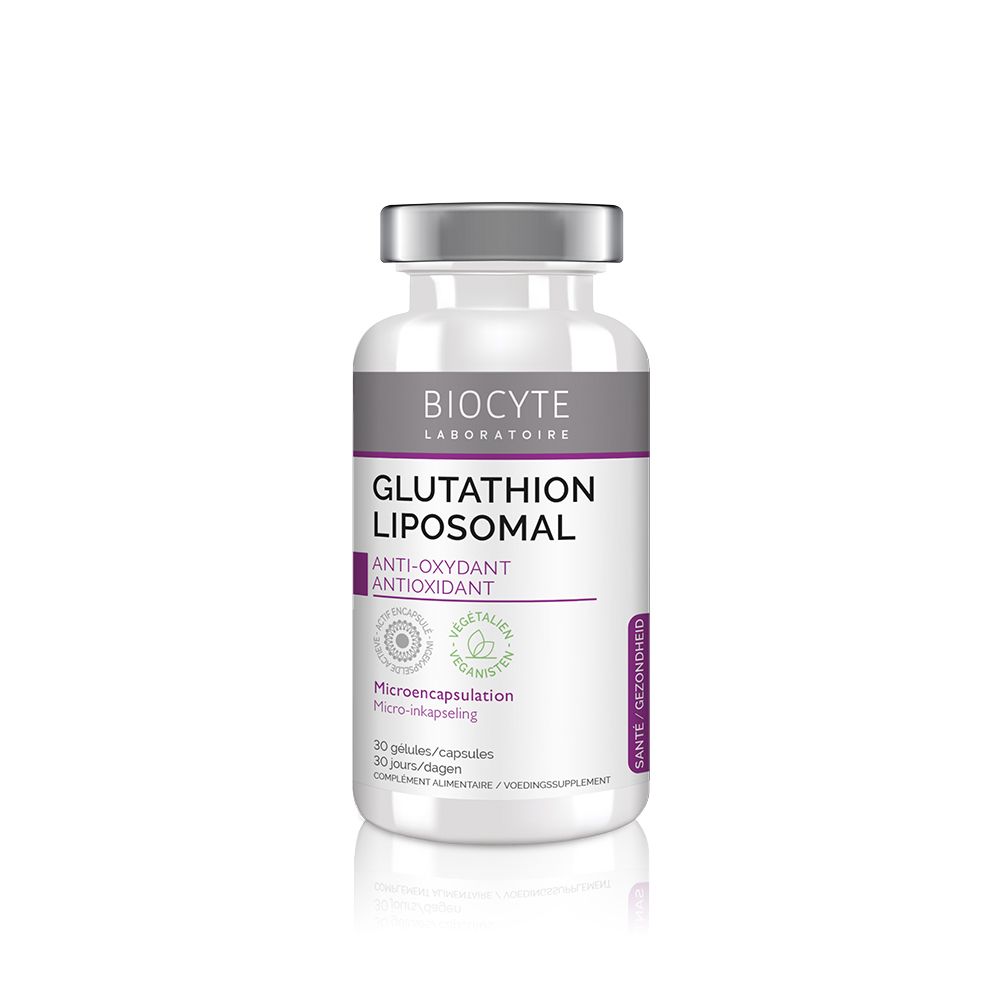 BIOCYTE Glutathion liposomal. Witte fles met zilveren dop. Opschrift: Glutathion Liposomal, Antioxidant.