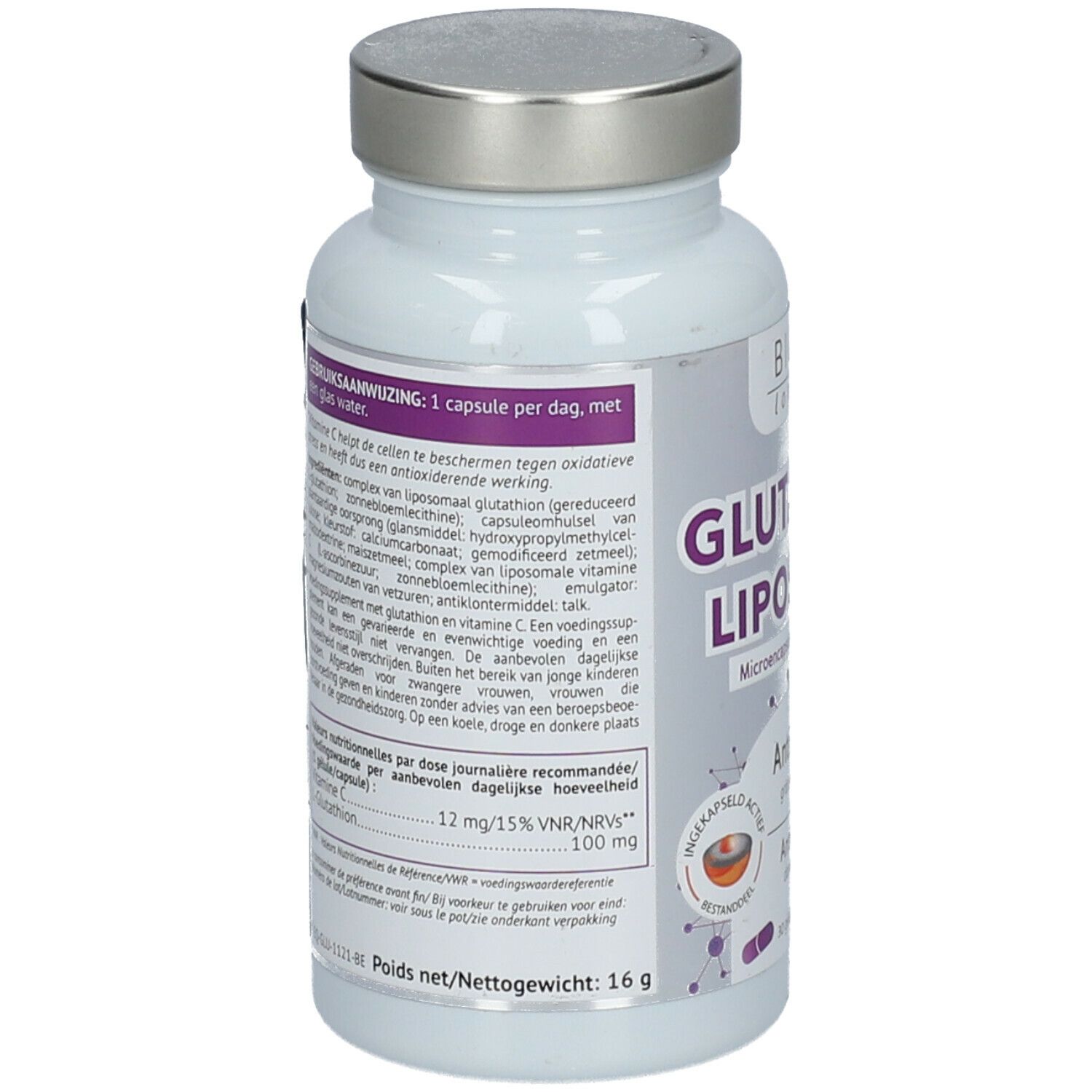 BIOCYTE Glutathion liposomal. Achterkant fles met tekst. Bevat informatie over ingrediënten en dosering.