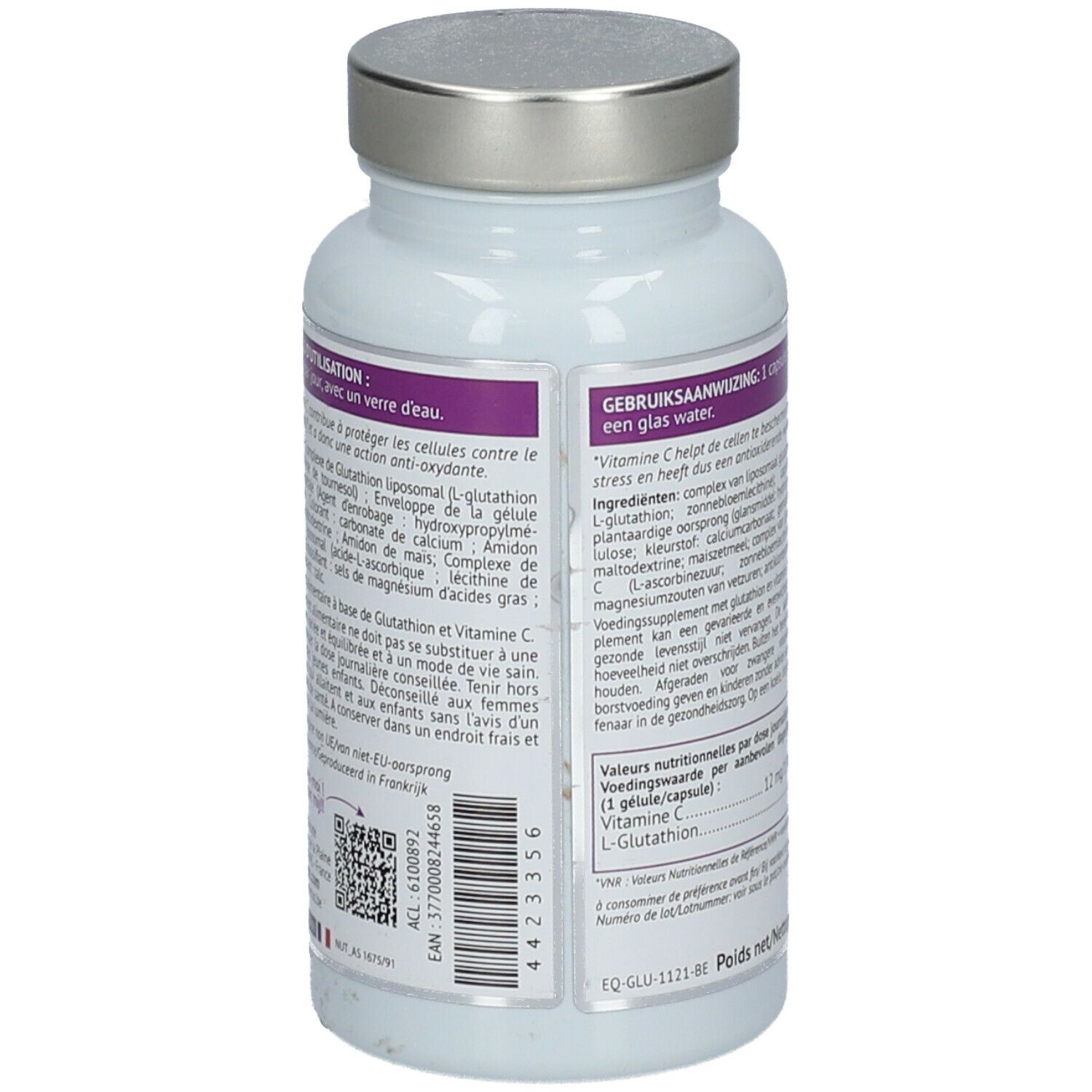 BIOCYTE Glutathion liposomal. Achterkant fles met tekst en QR-code. Bevat informatie en EAN-code.
