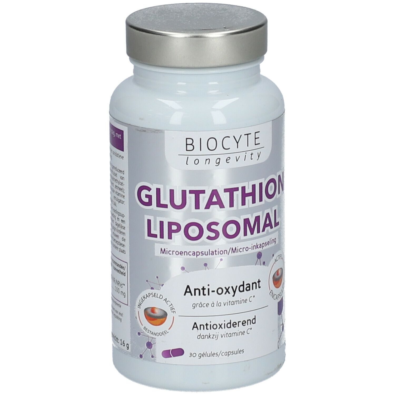 BIOCYTE Glutathion liposomal. Witte fles met zilveren dop. Opschrift: Glutathion Liposomal, Anti-oxidant.