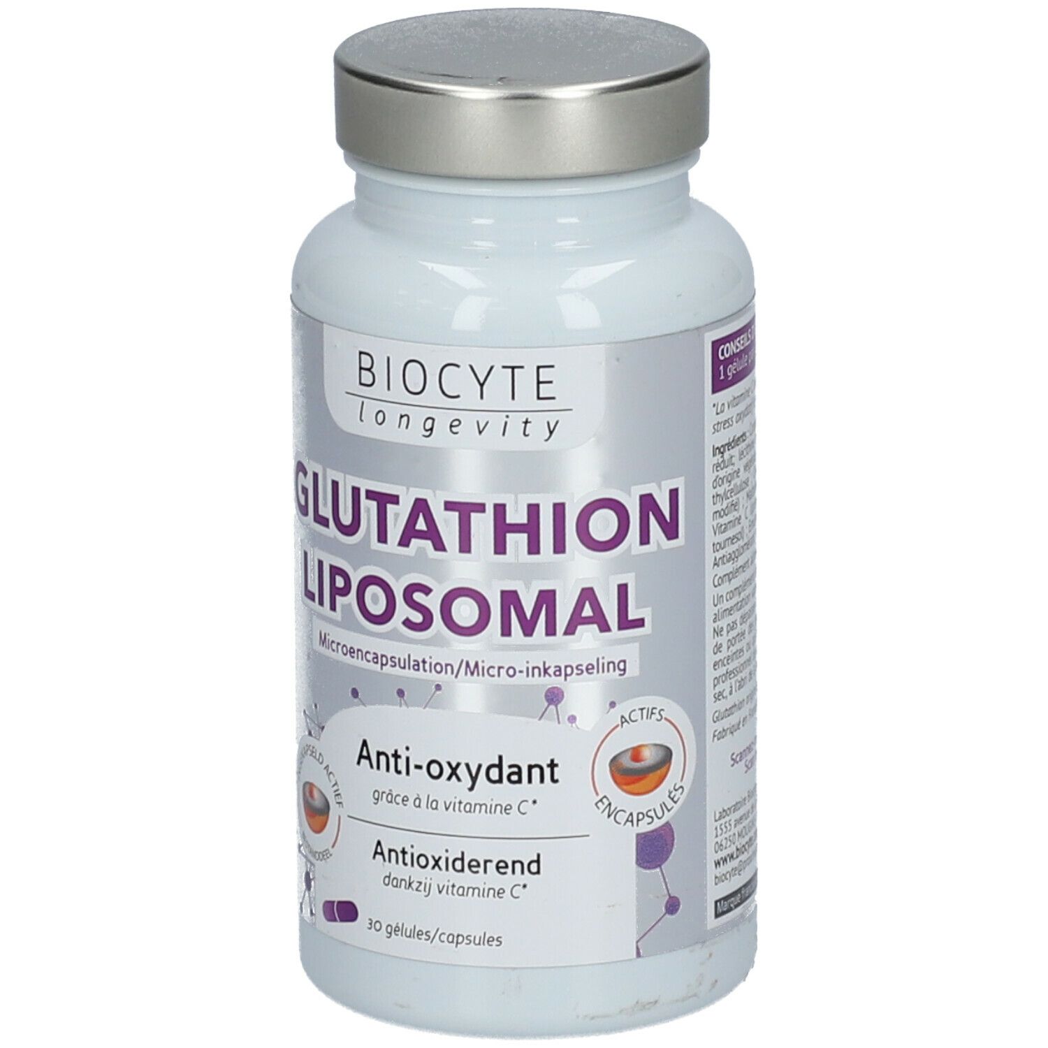 BIOCYTE Glutathion liposomal. Witte fles met zilveren dop. Opschrift: Glutathion Liposomal, Anti-oxidant.