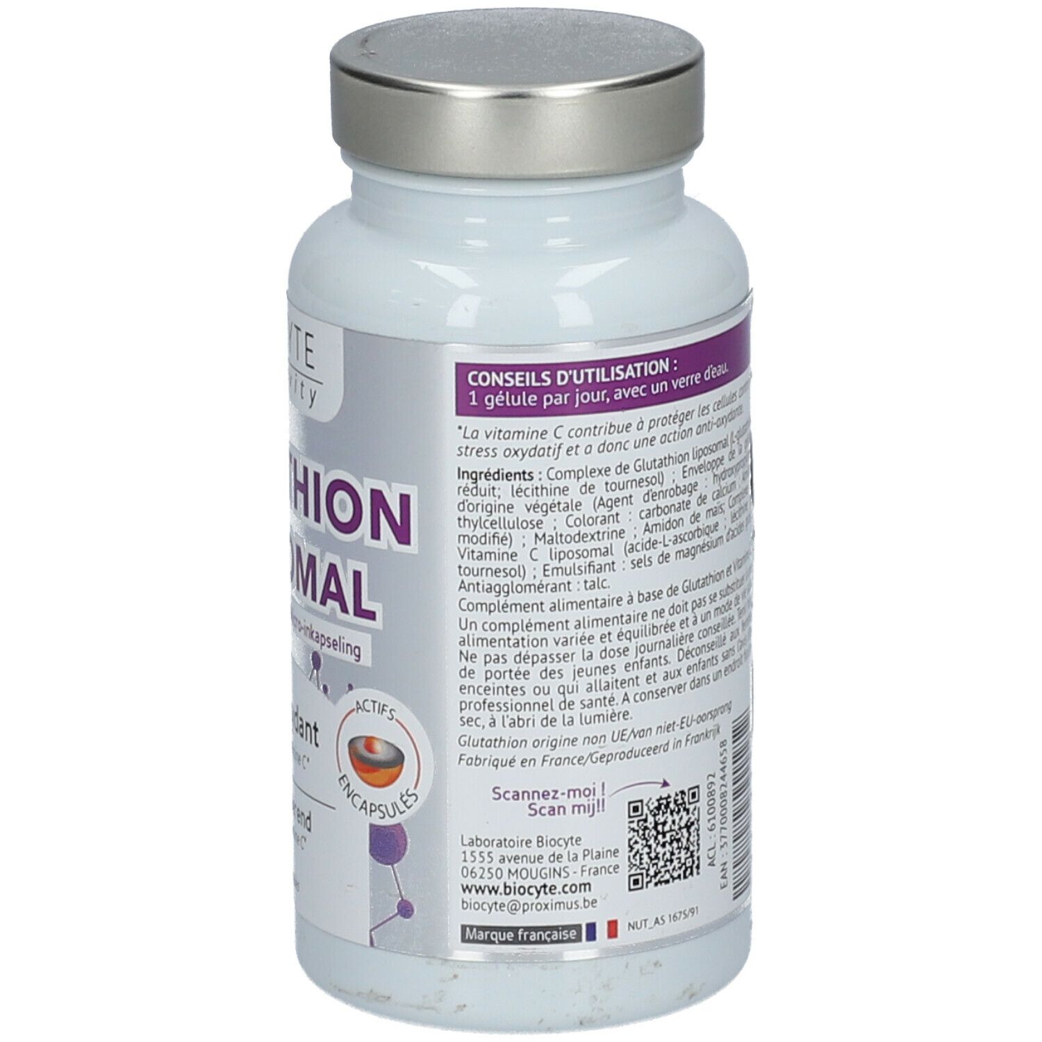 BIOCYTE Glutathion liposomal. Achterkant fles met tekst. Bevat informatie over ingrediënten en gebruik.