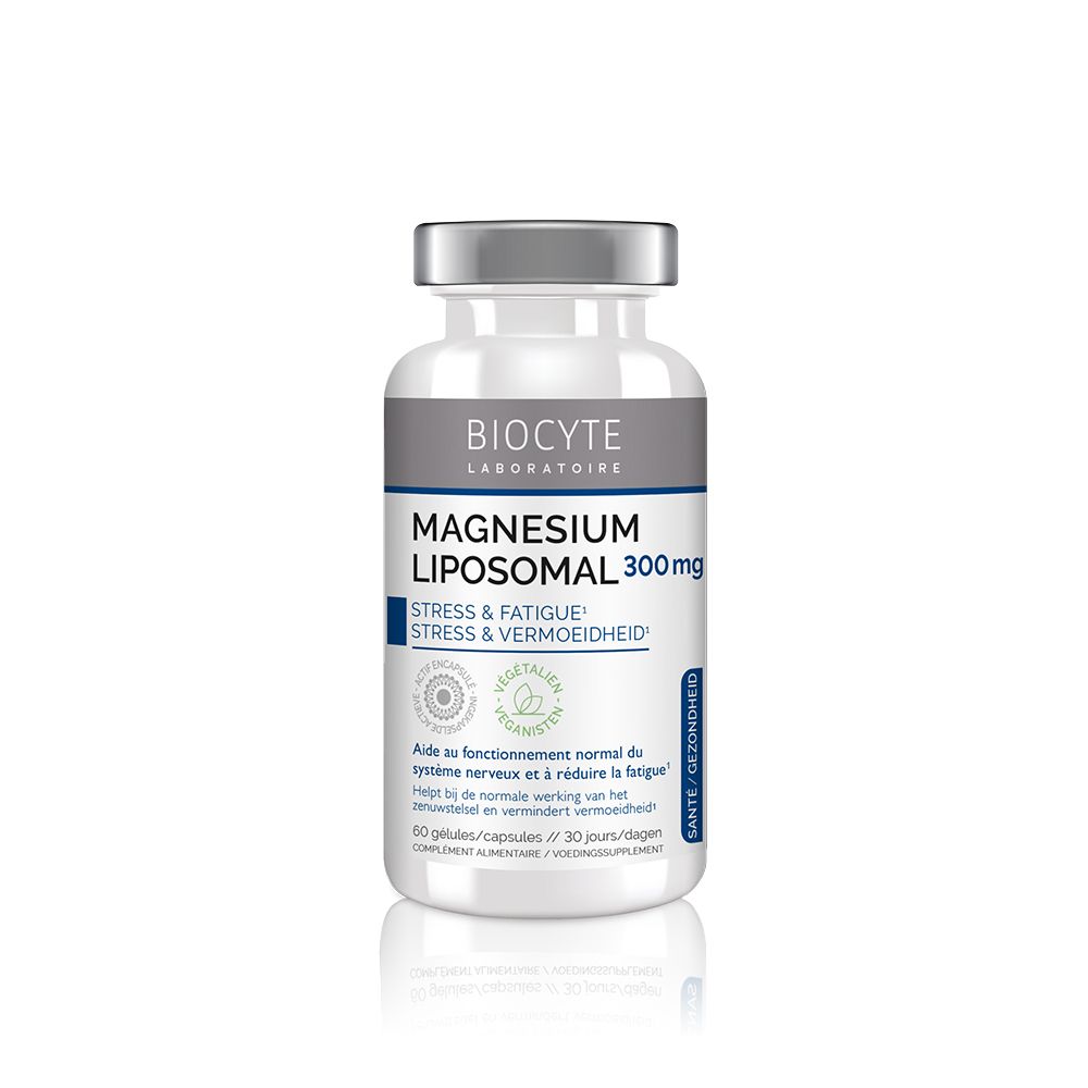 Wit flesje met capsules. Opschrift: BIOCYTE Magnesium Liposomal 300mg. Logo en tekst in het Frans en Nederlands.