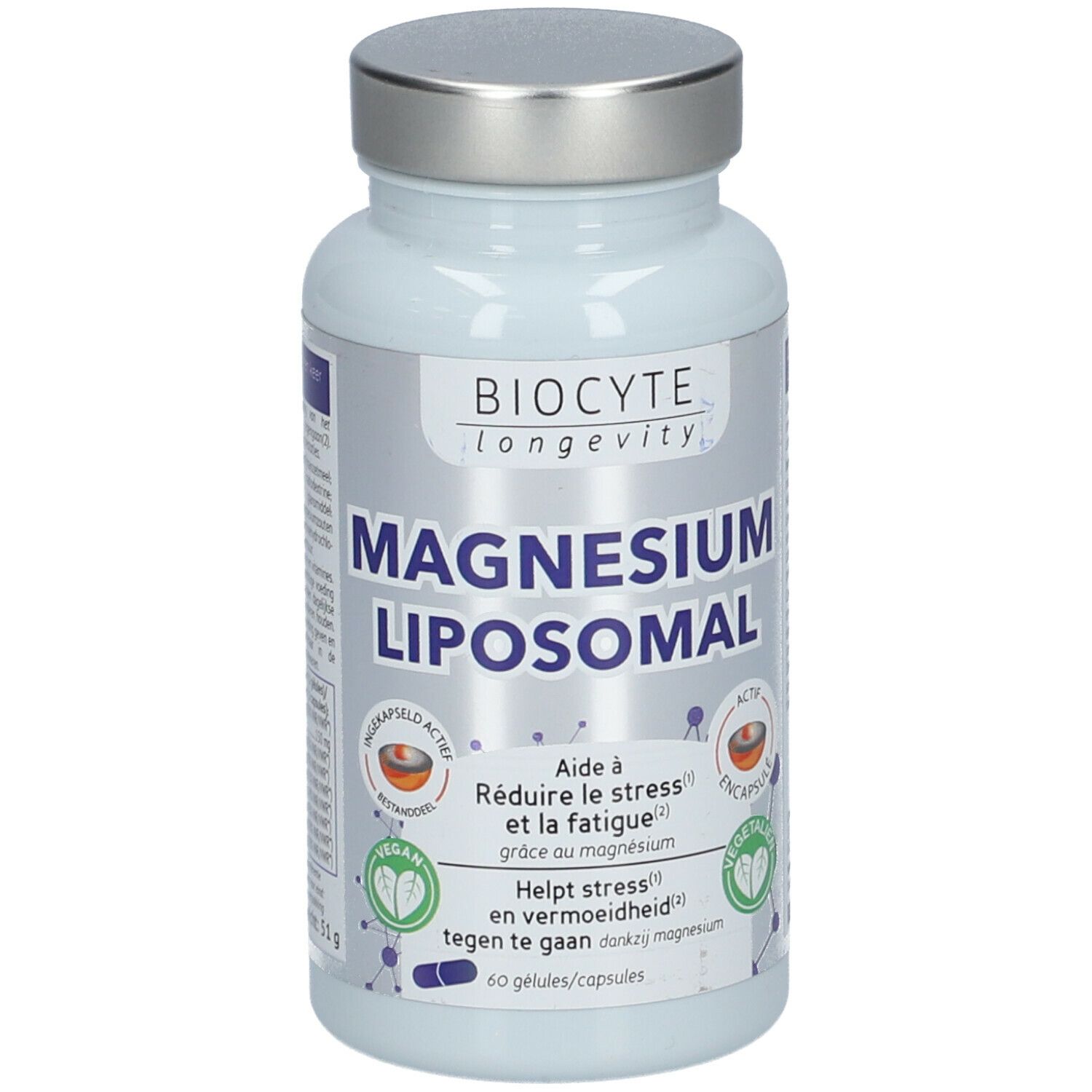 Wit flesje met capsules. Opschrift: BIOCYTE Magnesium Liposomal. Logo en tekst in het Frans en Nederlands.