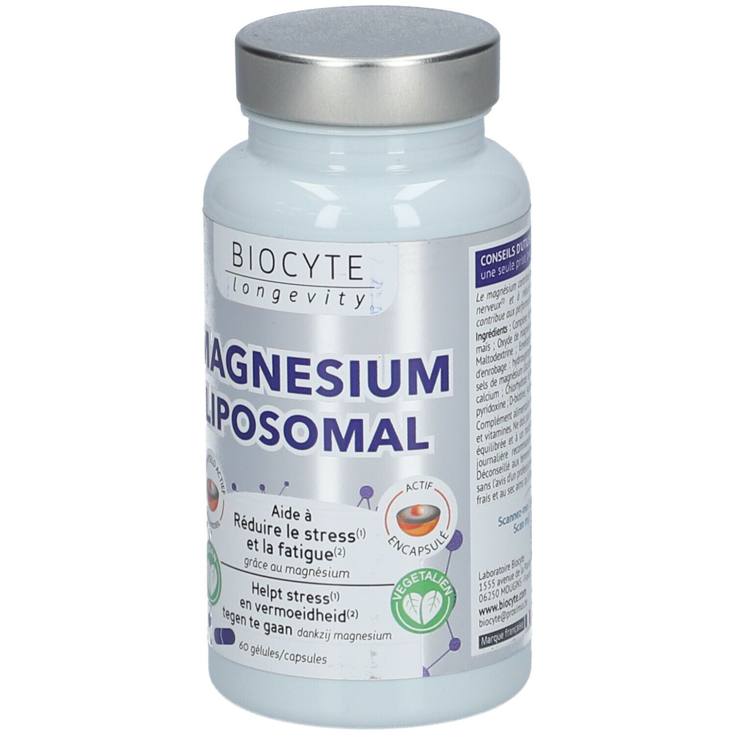 Wit flesje met capsules. Opschrift: BIOCYTE Magnesium Liposomal. Logo en tekst in het Frans en Nederlands.