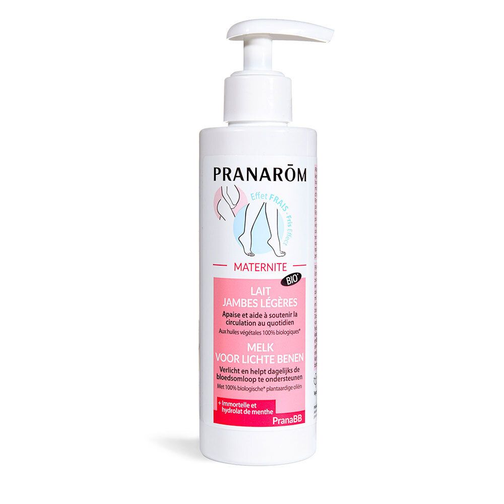 Witte fles met pomp. Opschrift: Pranarôm, Lait Jambes Légères Bio. Voor lichte benen.