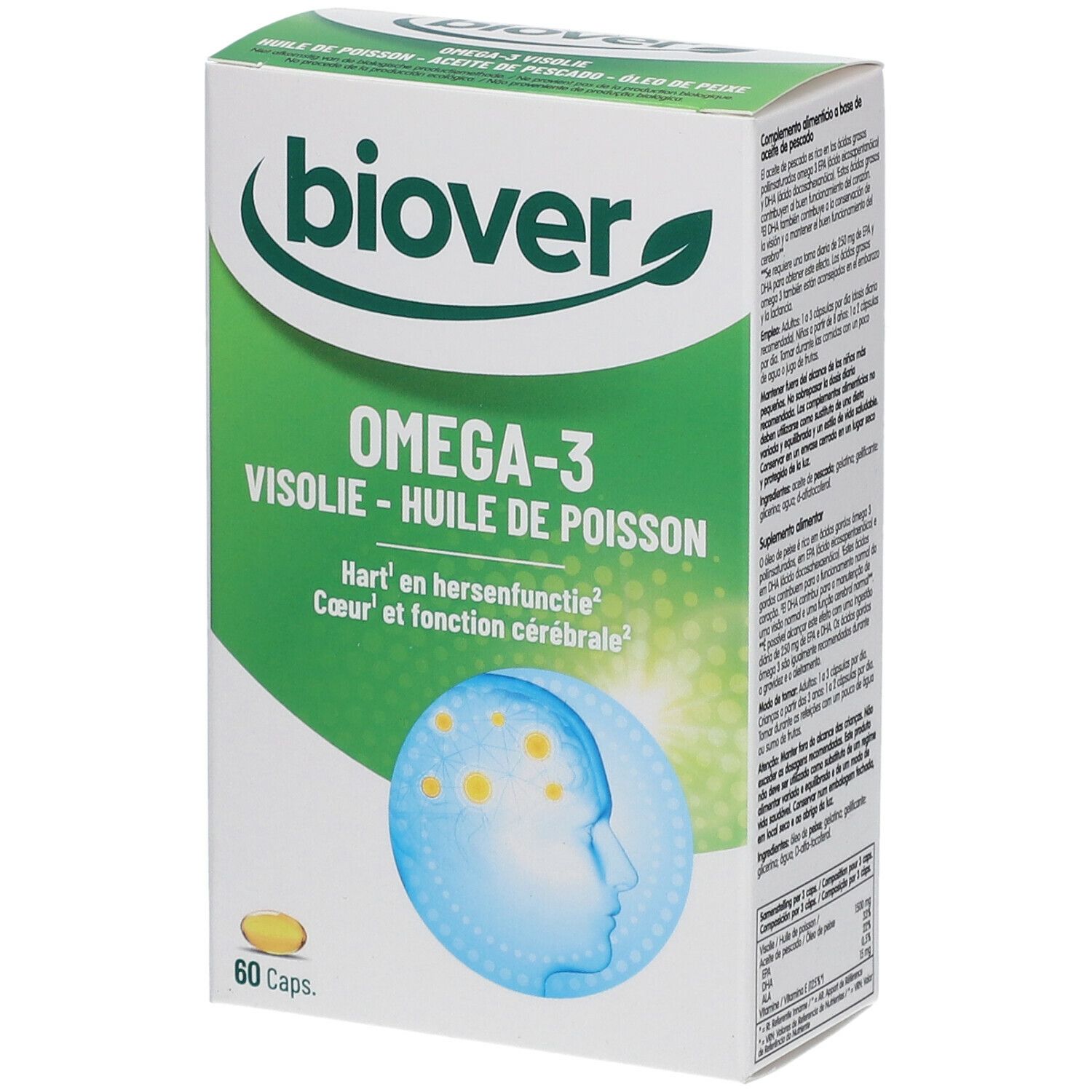 Weißer Karton mit grünem Deckel. Aufschrift: biover, Omega-3, Visolie - Huile de Poisson. 60 Kapseln. Abbildung eines Gehirns.