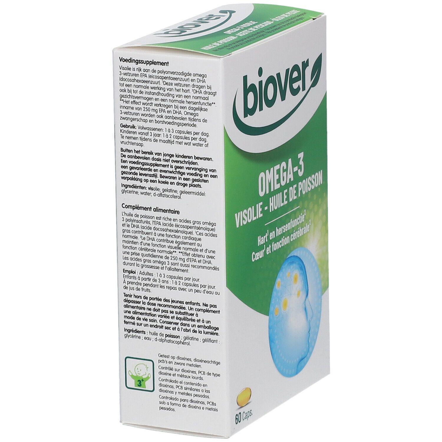 Weißer Karton mit grünem Deckel. Aufschrift: biover, Omega-3, Visolie - Huile de Poisson. 60 Kapseln. Abbildung eines Gehirns. Text.