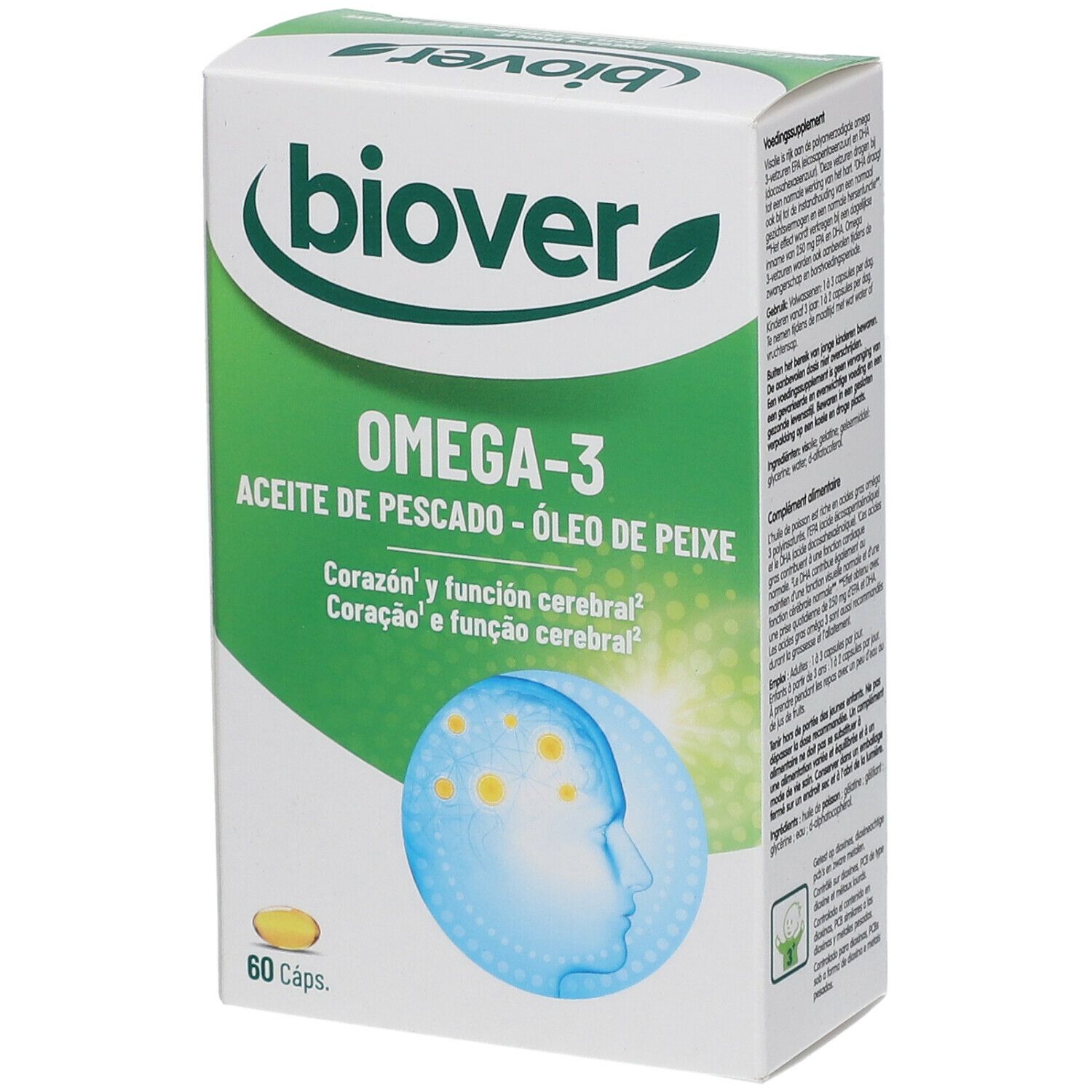 Weißer Karton mit grünem Deckel. Aufschrift: biover, Omega-3, Aceite de Pescado - Óleo de Peixe. 60 Kapseln. Abbildung eines Gehirns.