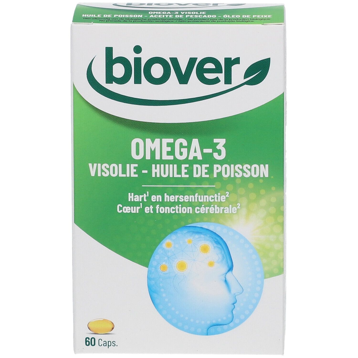 Weißer Karton mit grünem Deckel. Aufschrift: biover, Omega-3, Visolie - Huile de Poisson. 60 Kapseln. Abbildung eines Gehirns.