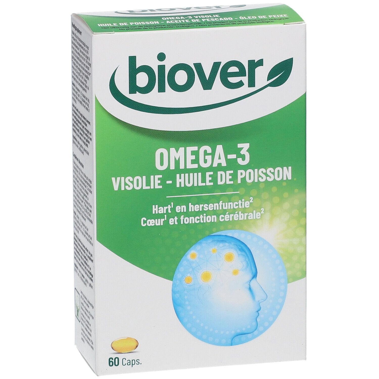 Weißer Karton mit grünem Deckel. Aufschrift: biover, Omega-3, Visolie - Huile de Poisson. 60 Kapseln. Abbildung eines Gehirns.