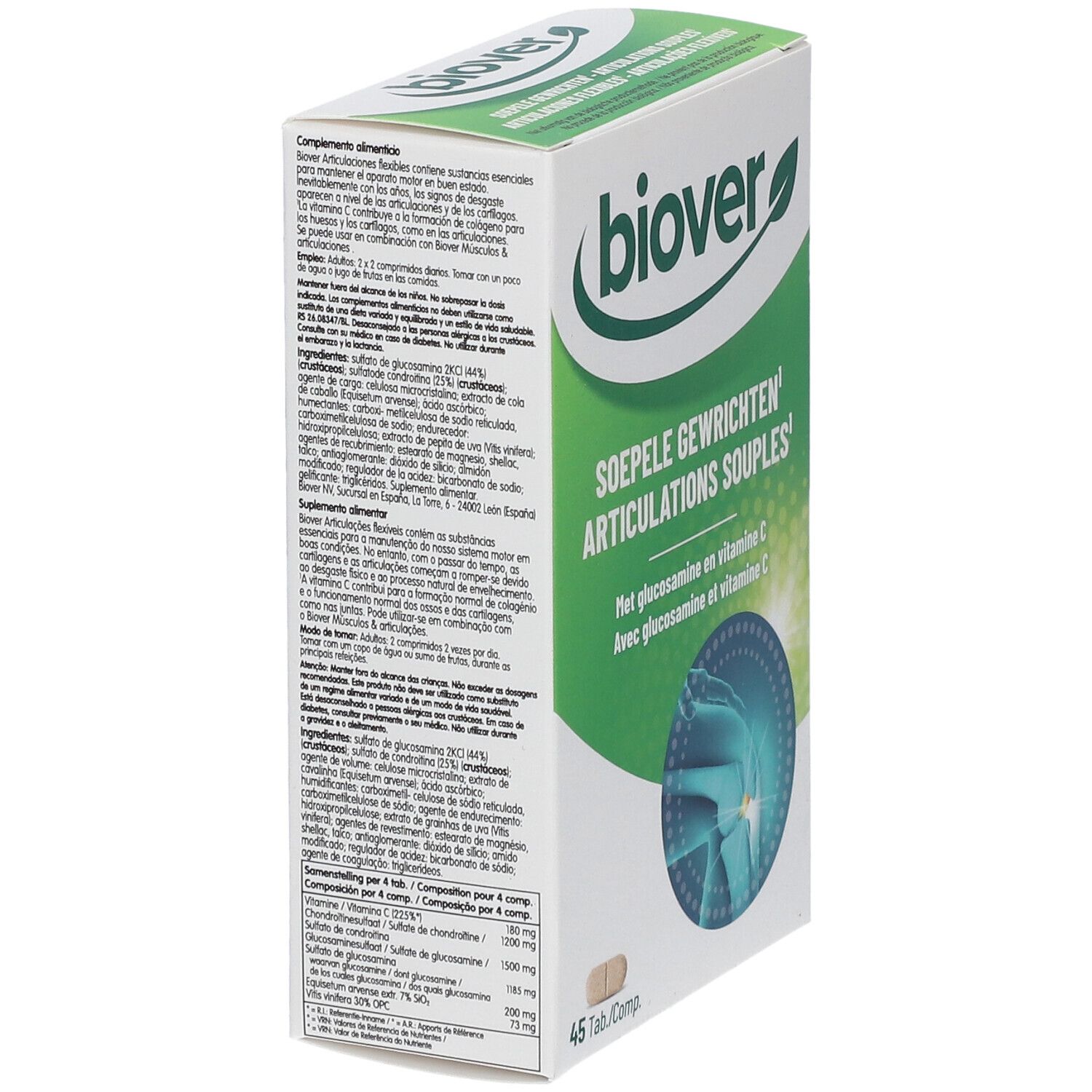Boîte 'biover' avec texte: 'SOEPELE GEWRICHTEN' et 'ARTICULATIONS SOUPLES'. Contient glucosamine et vitamine C. 45 comprimés. Vue détaillée.