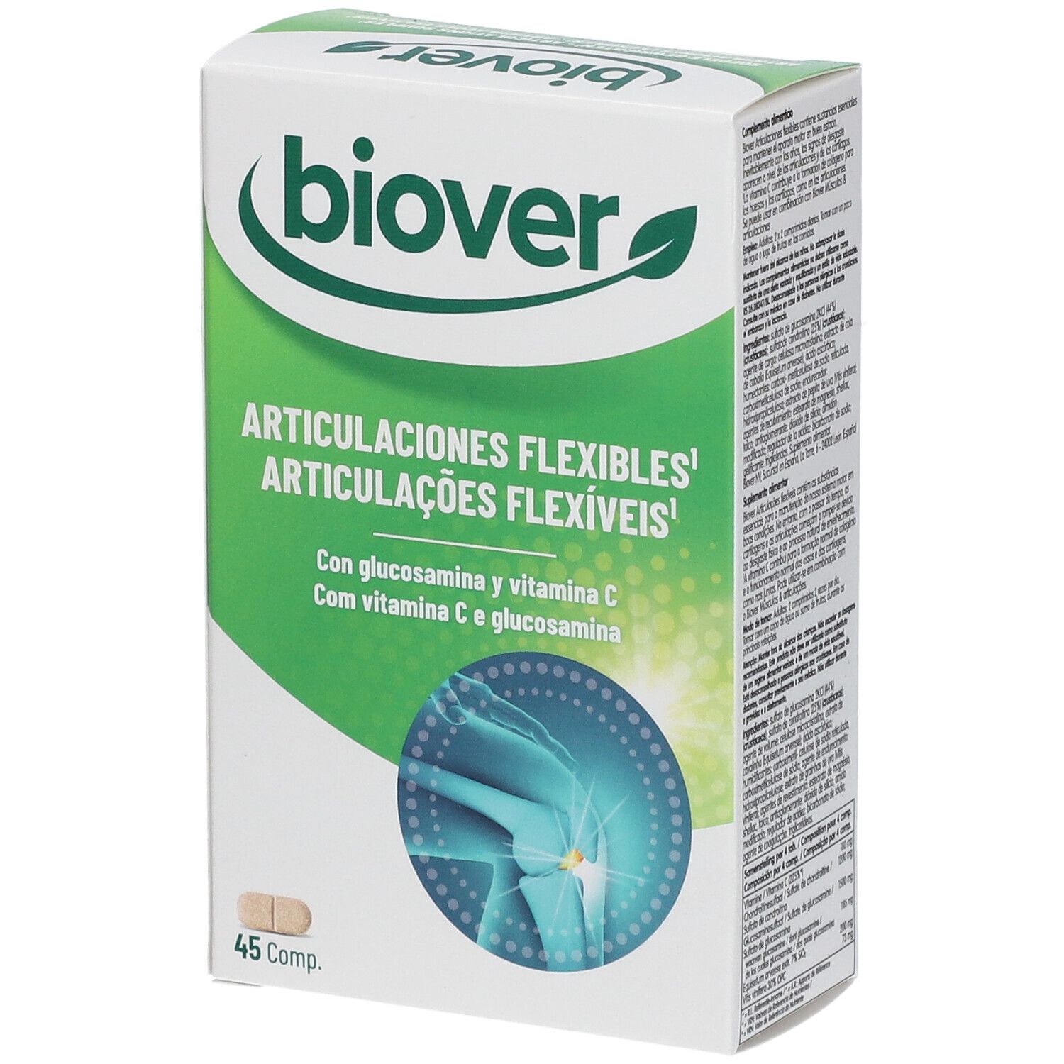 Boîte 'biover'. Inscription: 'ARTICULACIONES FLEXIBLES' et 'ARTICULAÇÕES FLEXÍVEIS'. Contient glucosamine et vitamine C. 45 comprimés.