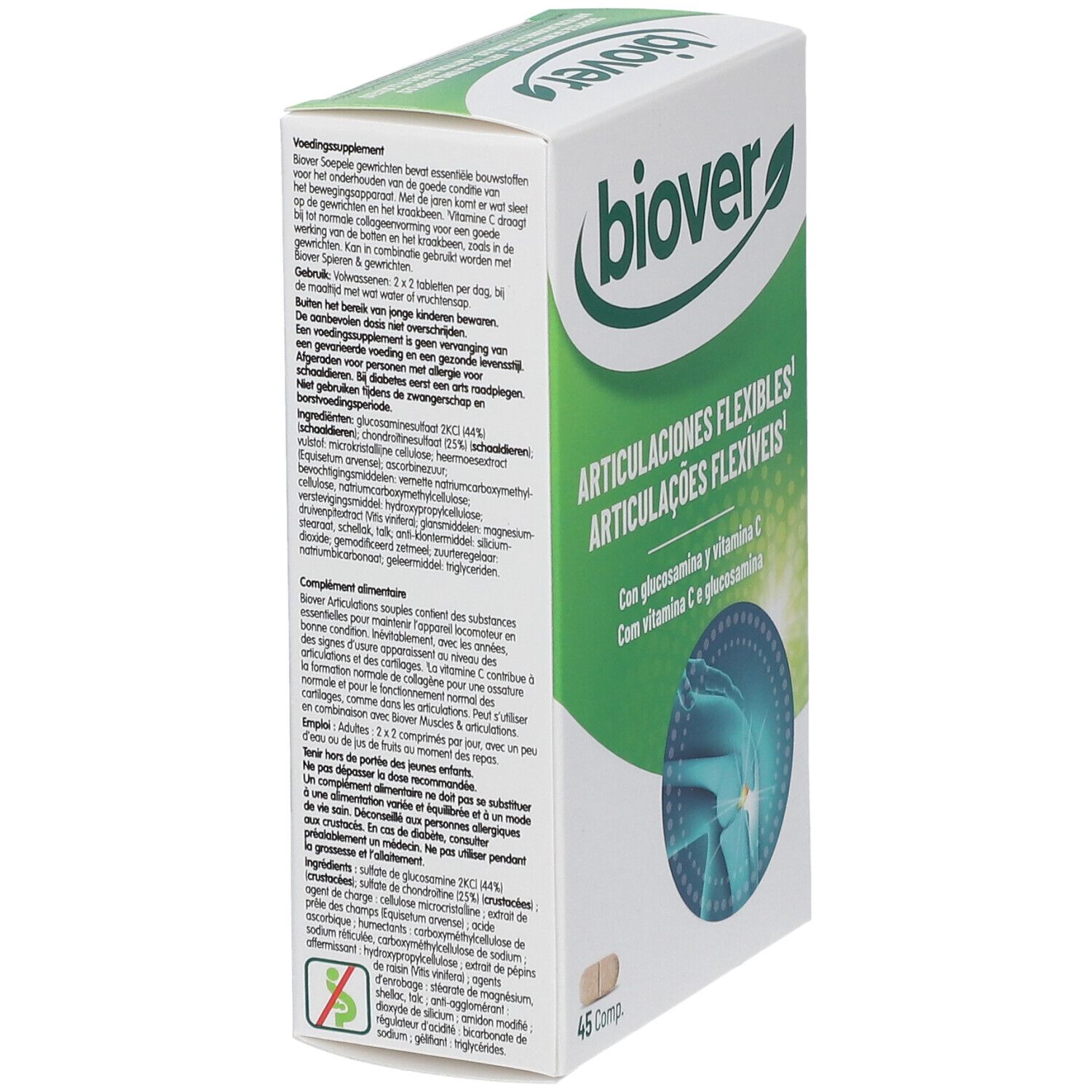 Boîte 'biover' avec texte: 'ARTICULACIONES FLEXIBLES' et 'ARTICULAÇÕES FLEXÍVEIS'. Contient glucosamine et vitamine C. 45 comprimés. Détail.