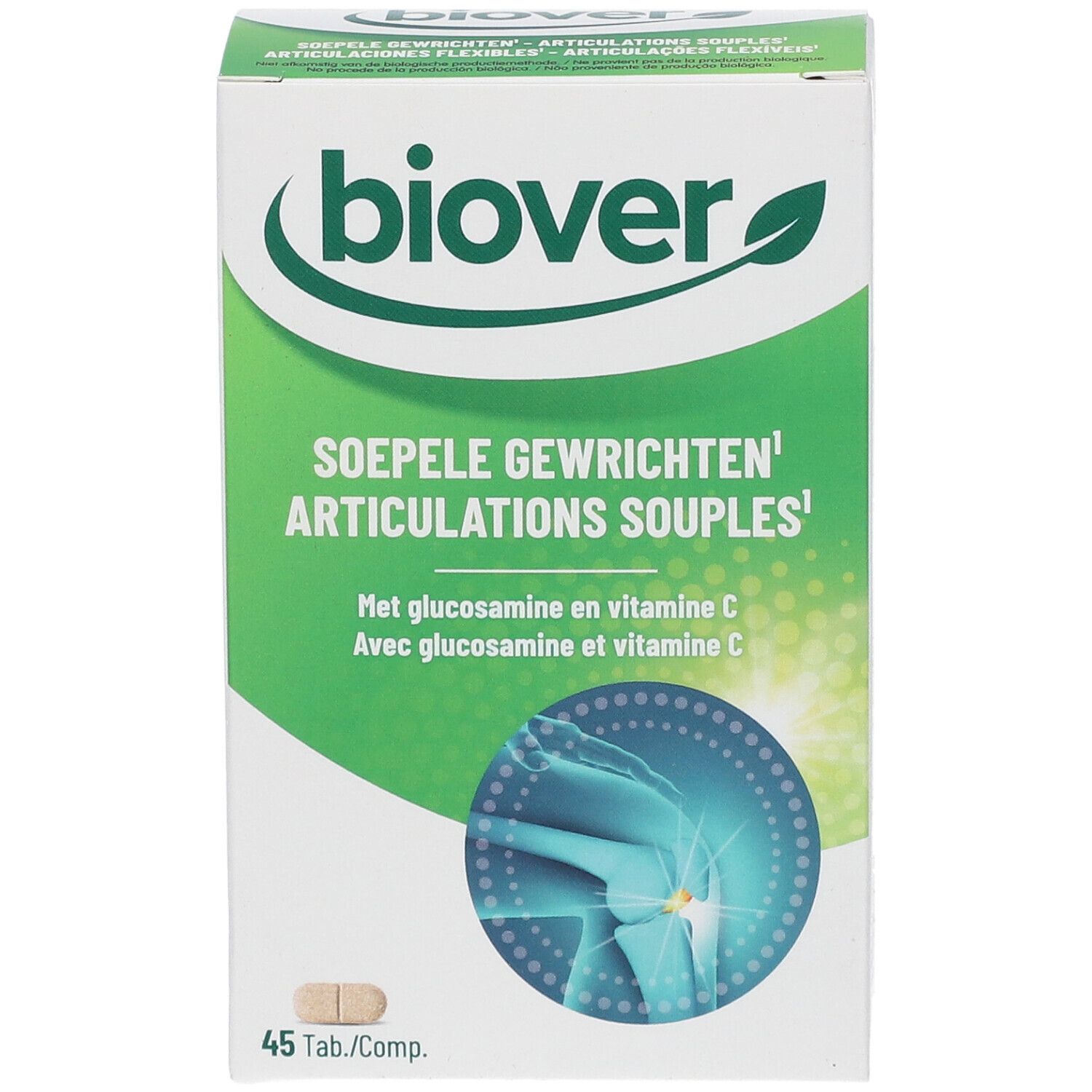Boîte 'biover'. Inscription: 'SOEPELE GEWRICHTEN' et 'ARTICULATIONS SOUPLES'. Contient glucosamine et vitamine C. 45 comprimés.