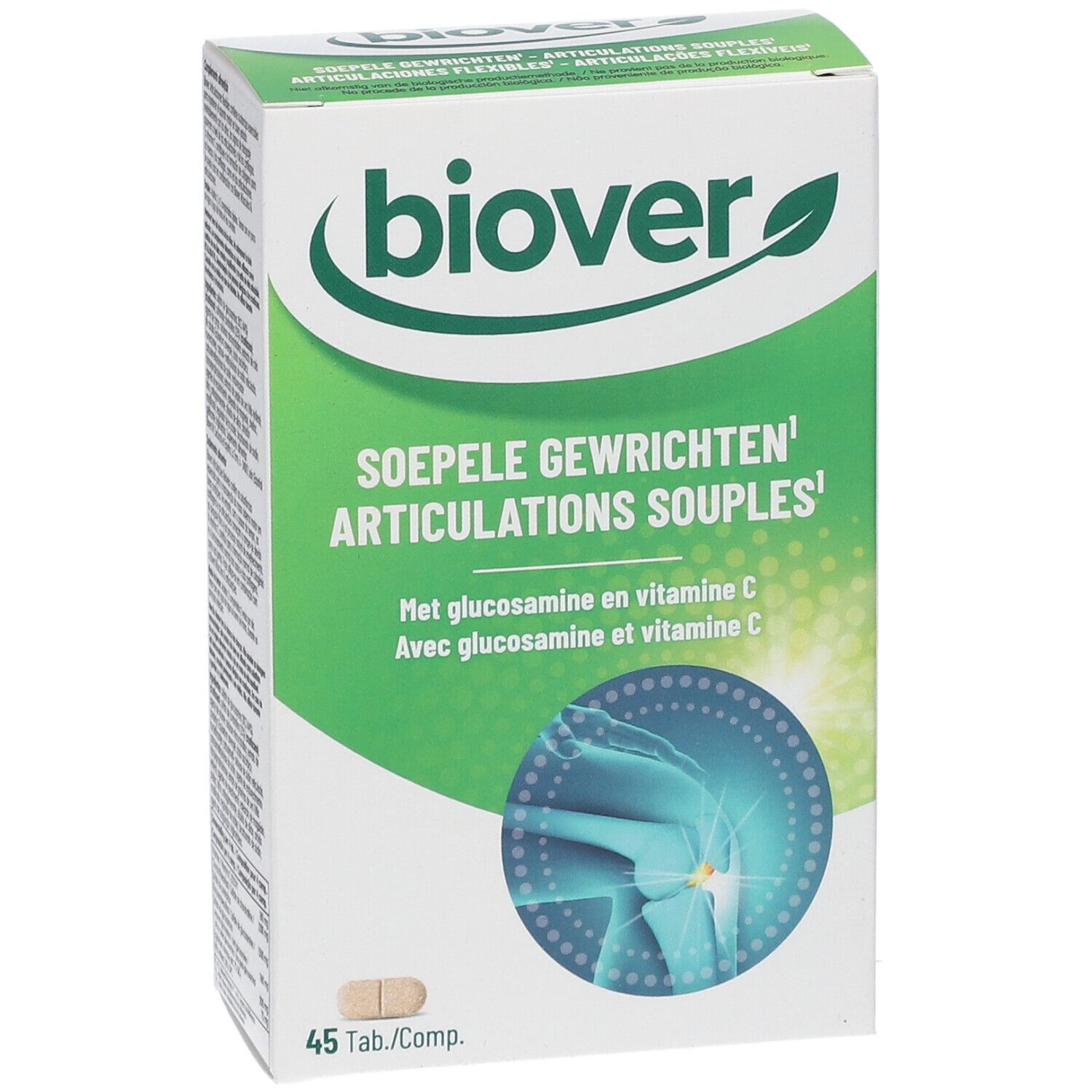 Boîte 'biover'. Inscription: 'SOEPELE GEWRICHTEN' et 'ARTICULATIONS SOUPLES'. Contient glucosamine et vitamine C. 45 comprimés.