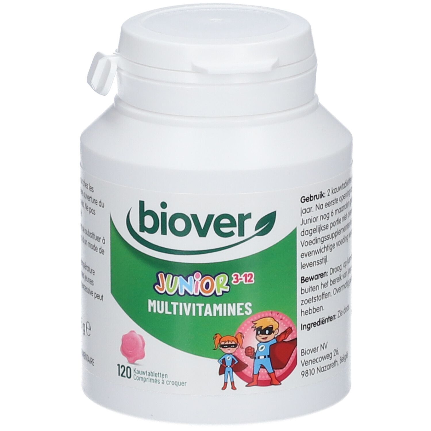 Witte fles BIOVER Junior Multivitamines. Groen-wit etiket met productnaam, illustraties en 120 tabletten.