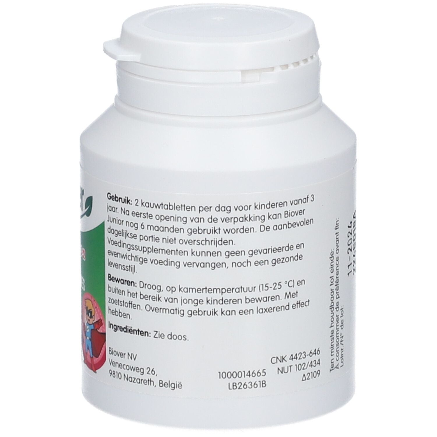 Witte fles BIOVER Junior Multivitamines. Tekstinformatie, illustraties en 120 tabletten. Achterkant.