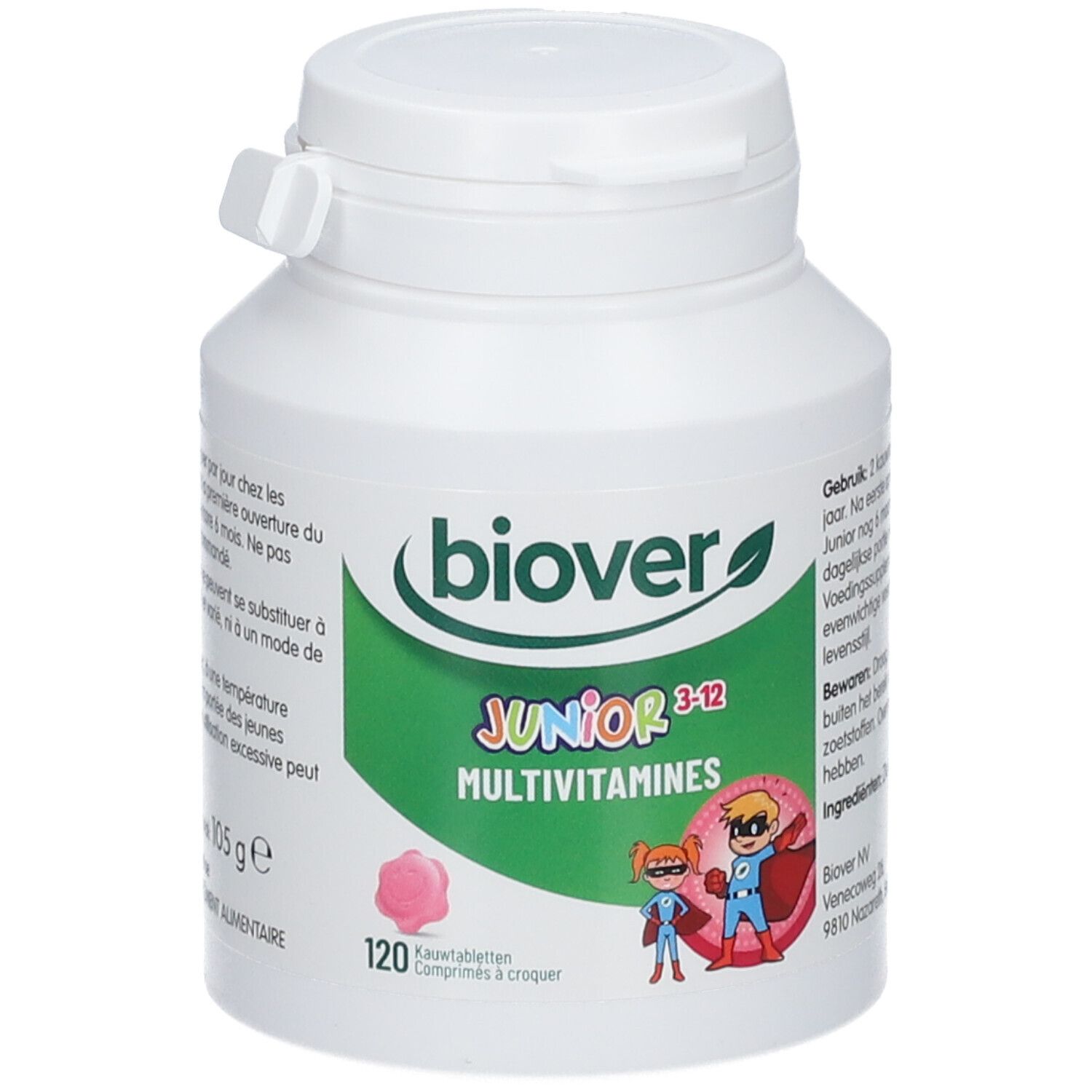 Witte fles BIOVER Junior Multivitamines. Groen-wit etiket met productnaam, illustraties en 120 tabletten.