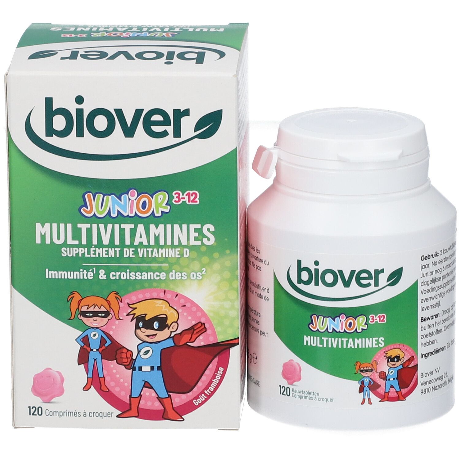 BIOVER Junior Multivitamines, fles en doos. Doos met productnaam, illustraties en 120 tabletten.
