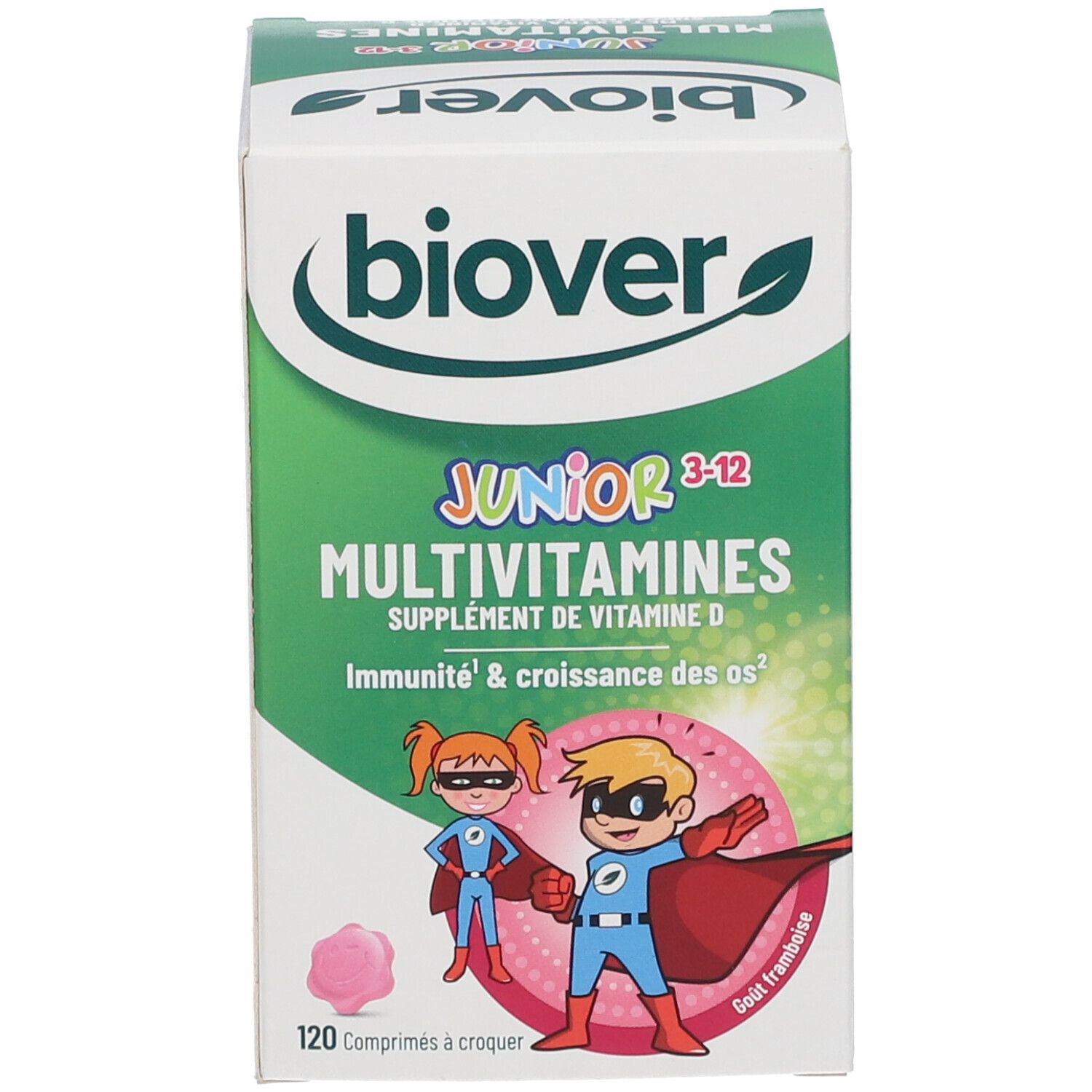 Doos BIOVER Junior Multivitamines. Productnaam, illustraties en 120 tabletten. Groen-wit ontwerp.