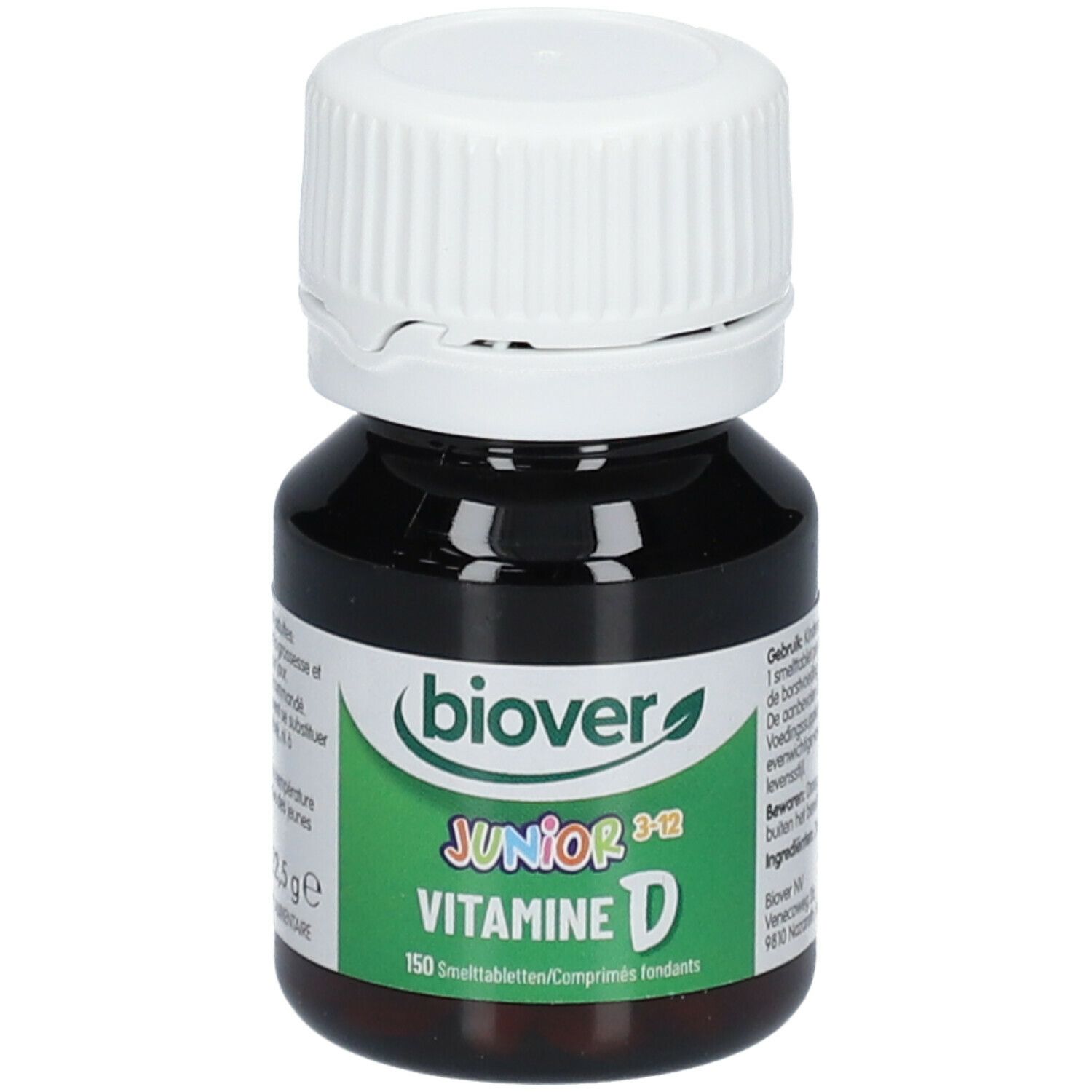 Flacon brun avec bouchon blanc. Inscription: BIOVER Junior 3-12 Vitamine D. Étiquette verte avec informations sur le produit.