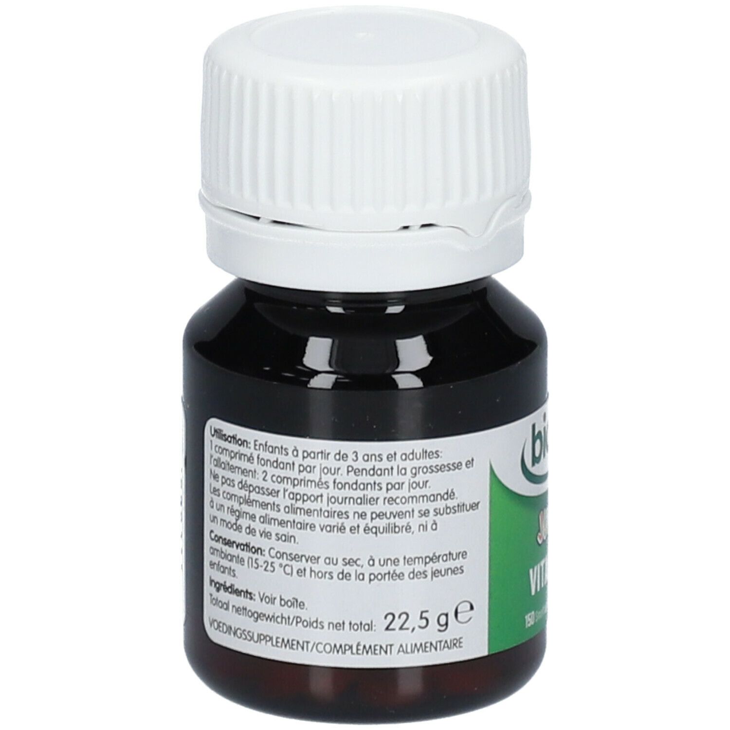 Flacon brun avec bouchon blanc. Inscription: BIOVER Junior 3-12 Vitamine D. Étiquette avec informations et texte sur le produit.