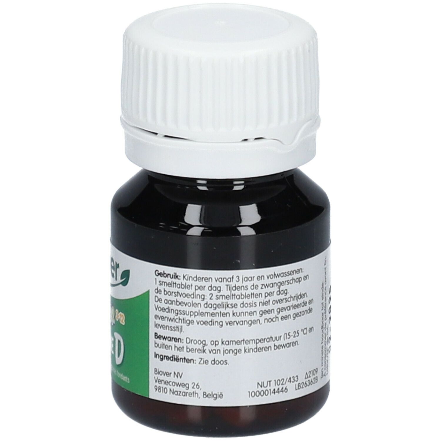 Flacon brun avec bouchon blanc. Inscription: BIOVER Junior 3-12 Vitamine D. Étiquette avec informations et texte sur le produit.