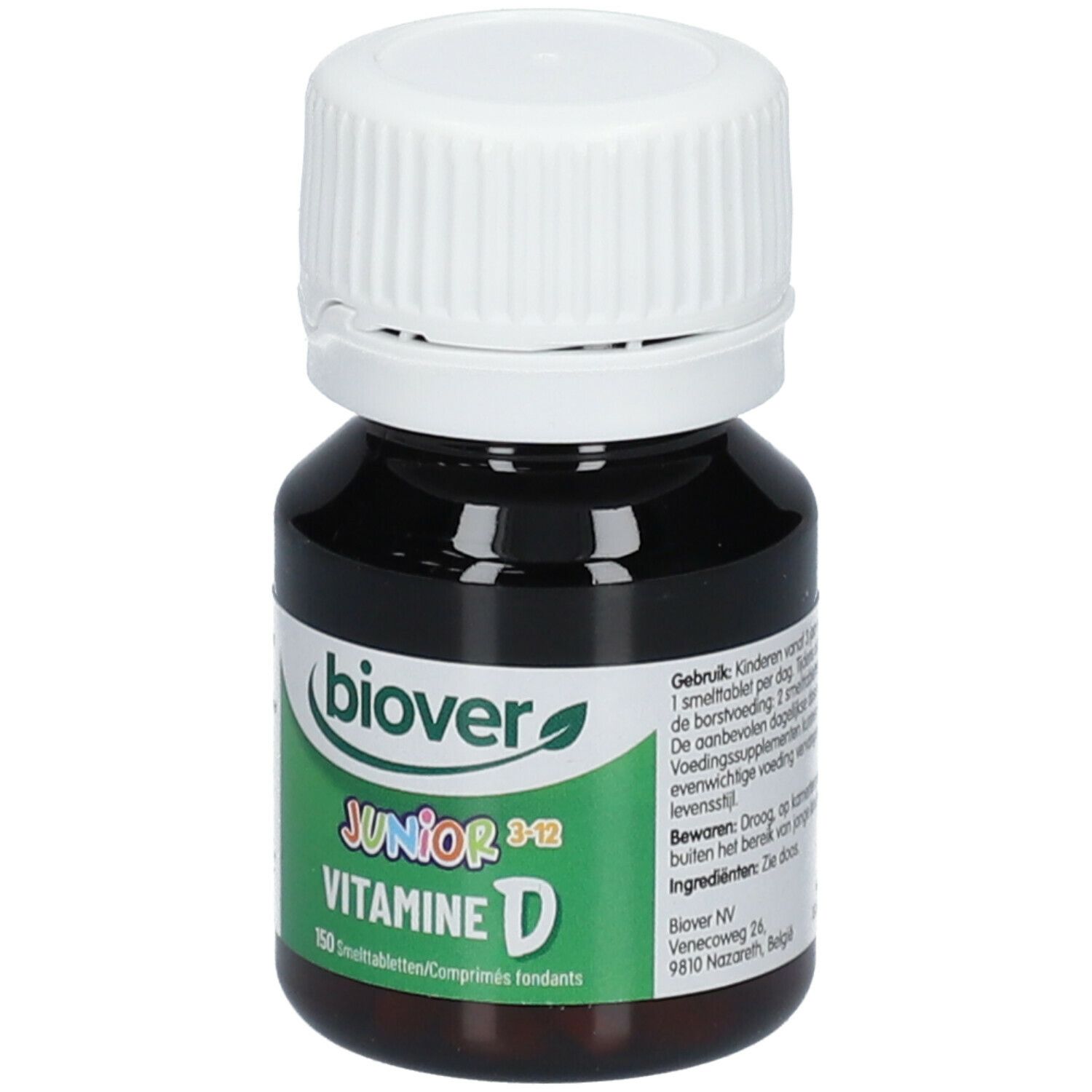 Flacon brun avec bouchon blanc. Inscription: BIOVER Junior 3-12 Vitamine D. Étiquette avec informations et texte sur le produit.