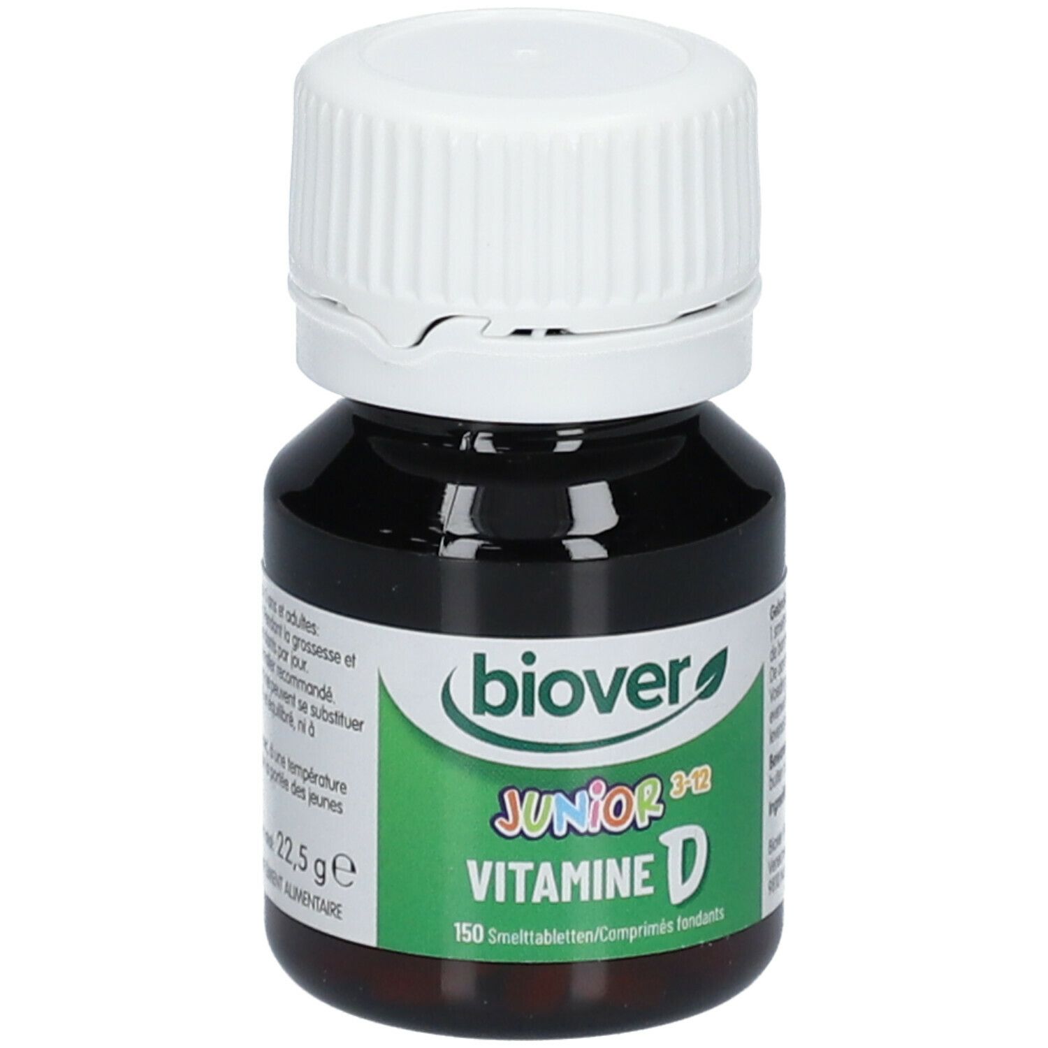 Flacon brun avec bouchon blanc. Inscription: BIOVER Junior 3-12 Vitamine D. Étiquette avec informations et texte sur le produit.