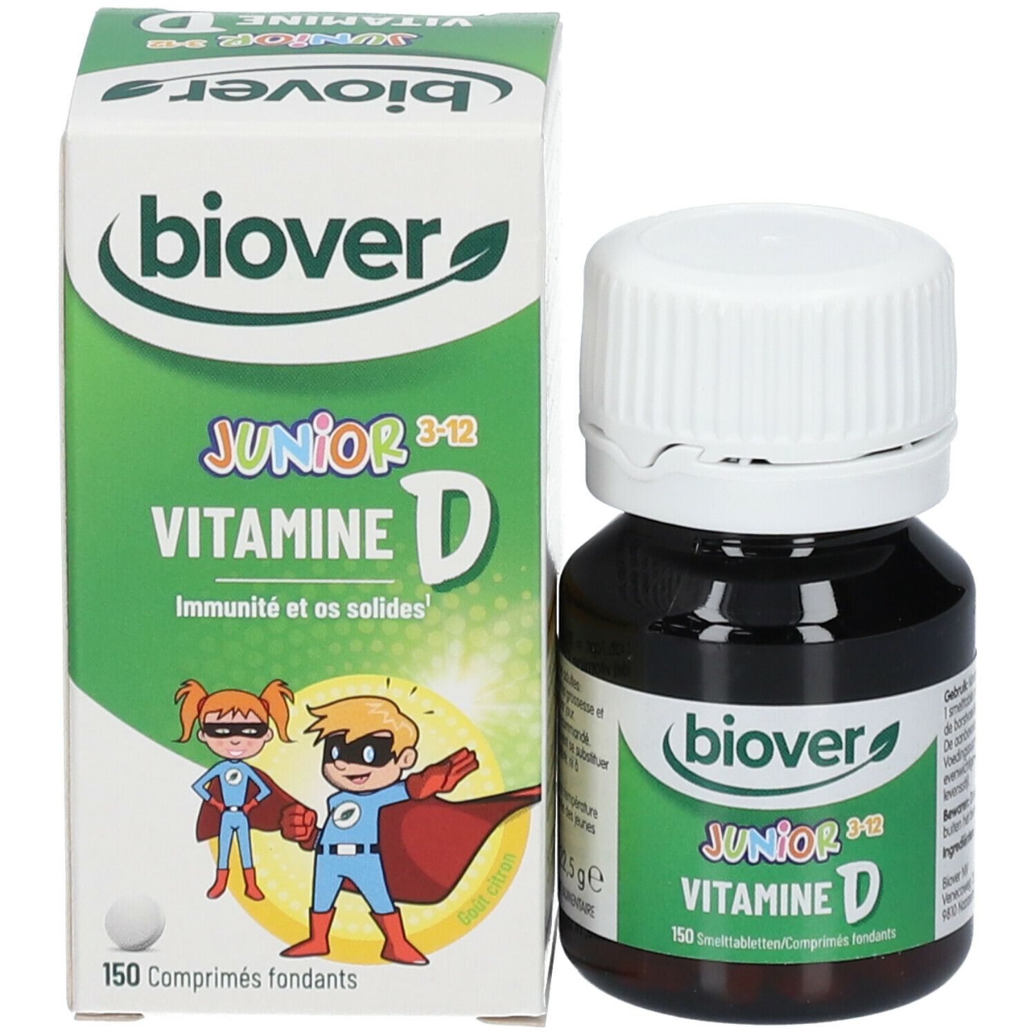 Flacon et emballage BIOVER Junior 3-12 Vitamine D. Flacon brun avec bouchon blanc. Emballage vert avec informations sur le produit.