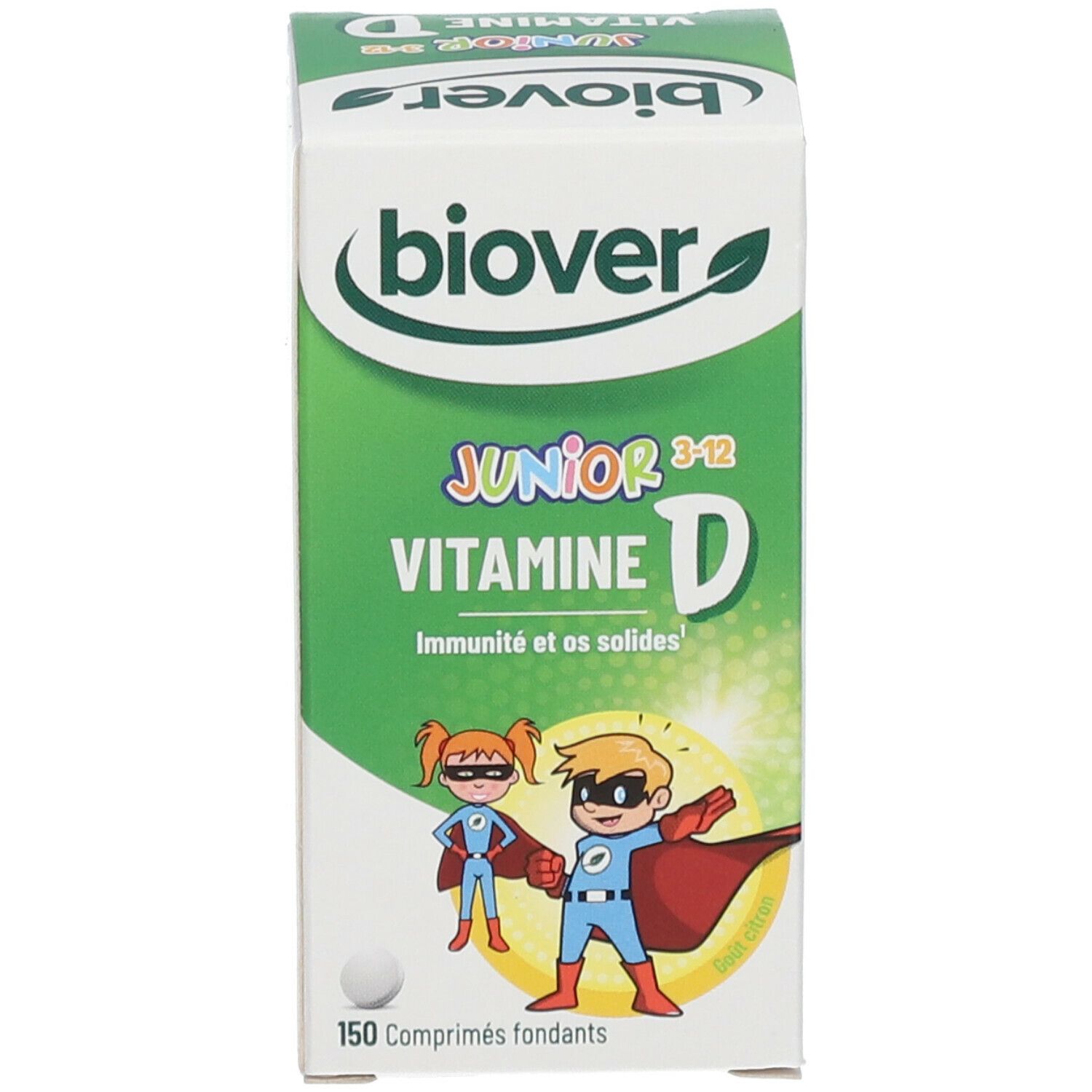 Emballage vert de BIOVER Junior 3-12 Vitamine D. Inscription: nom du produit, illustration d'enfants. Contient des comprimés.