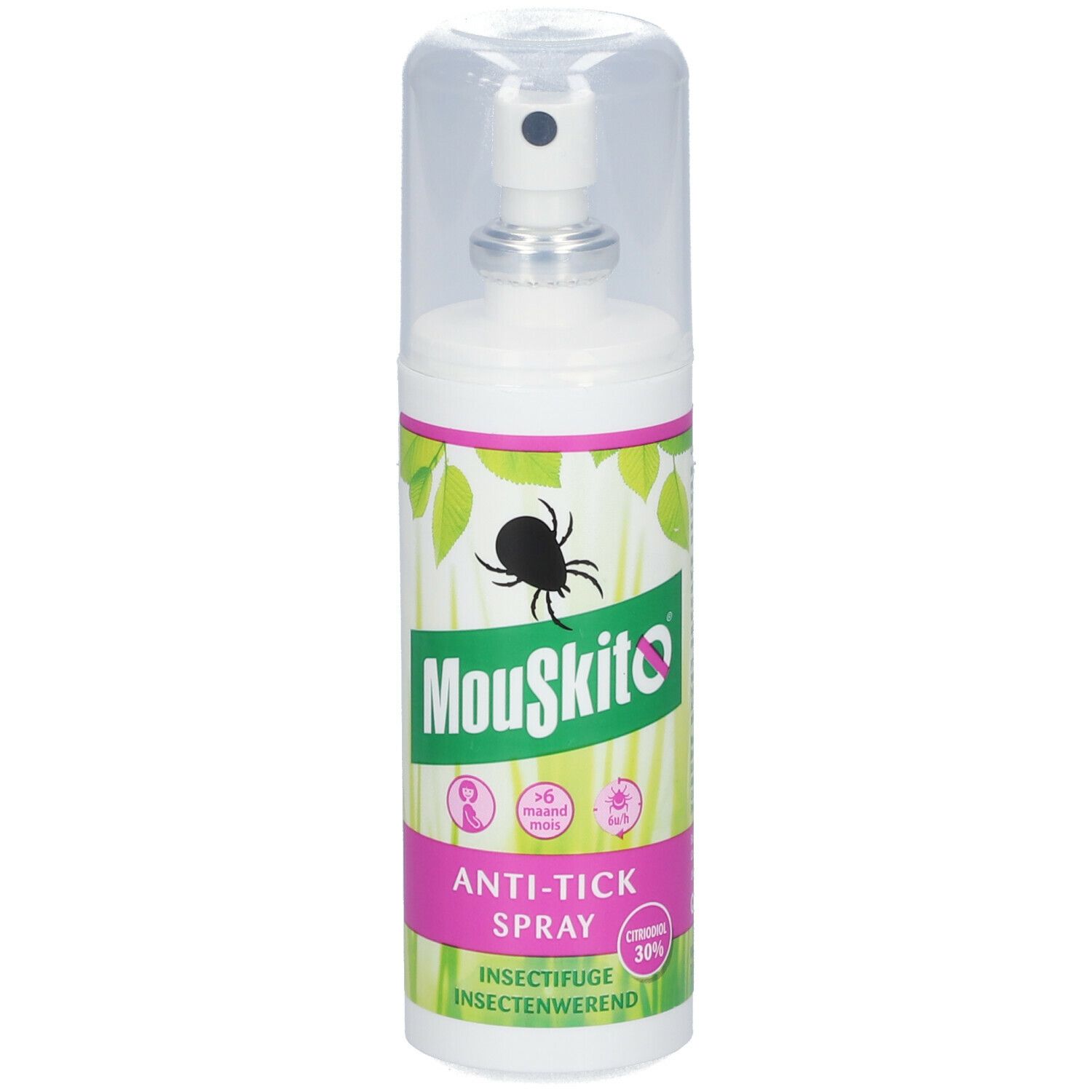 Witte sprayfles met groen-roze etiket. Mouskito® Anti-Tiques Spray, insectenwerend middel. Transparante dop.