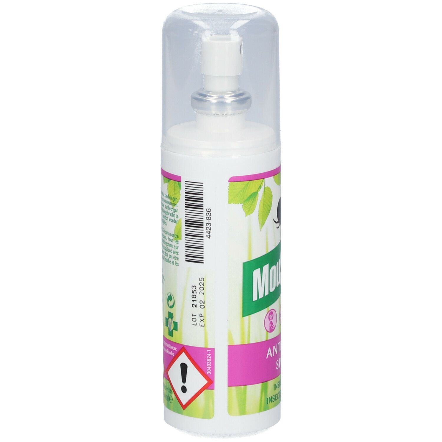 Witte sprayfles met etiket. Mouskito® Anti-Tiques Spray. Barcode, waarschuwingen, vervaldatum. Transparante dop.