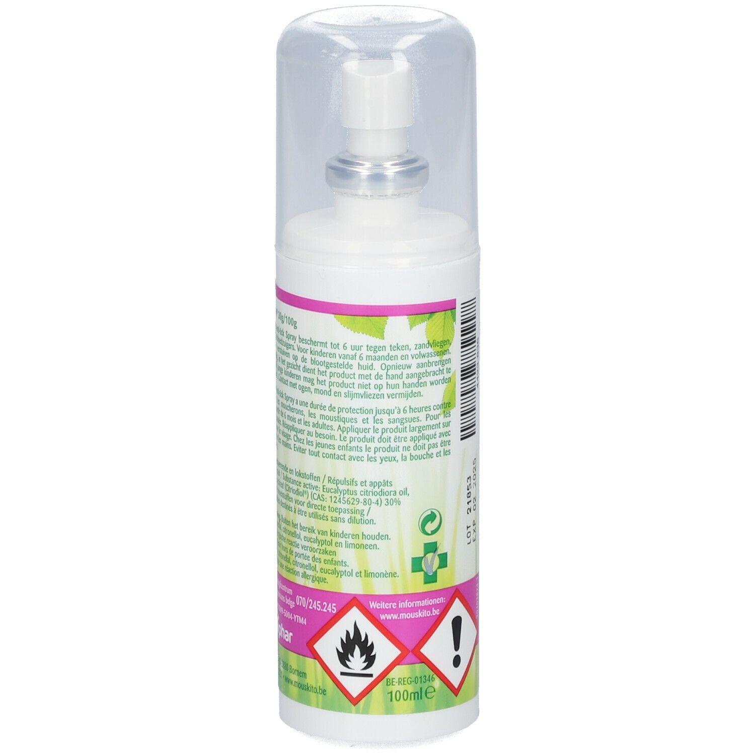 Witte sprayfles met etiket. Mouskito® Anti-Tiques Spray. Waarschuwingen, tekst. Transparante dop. 100ml.