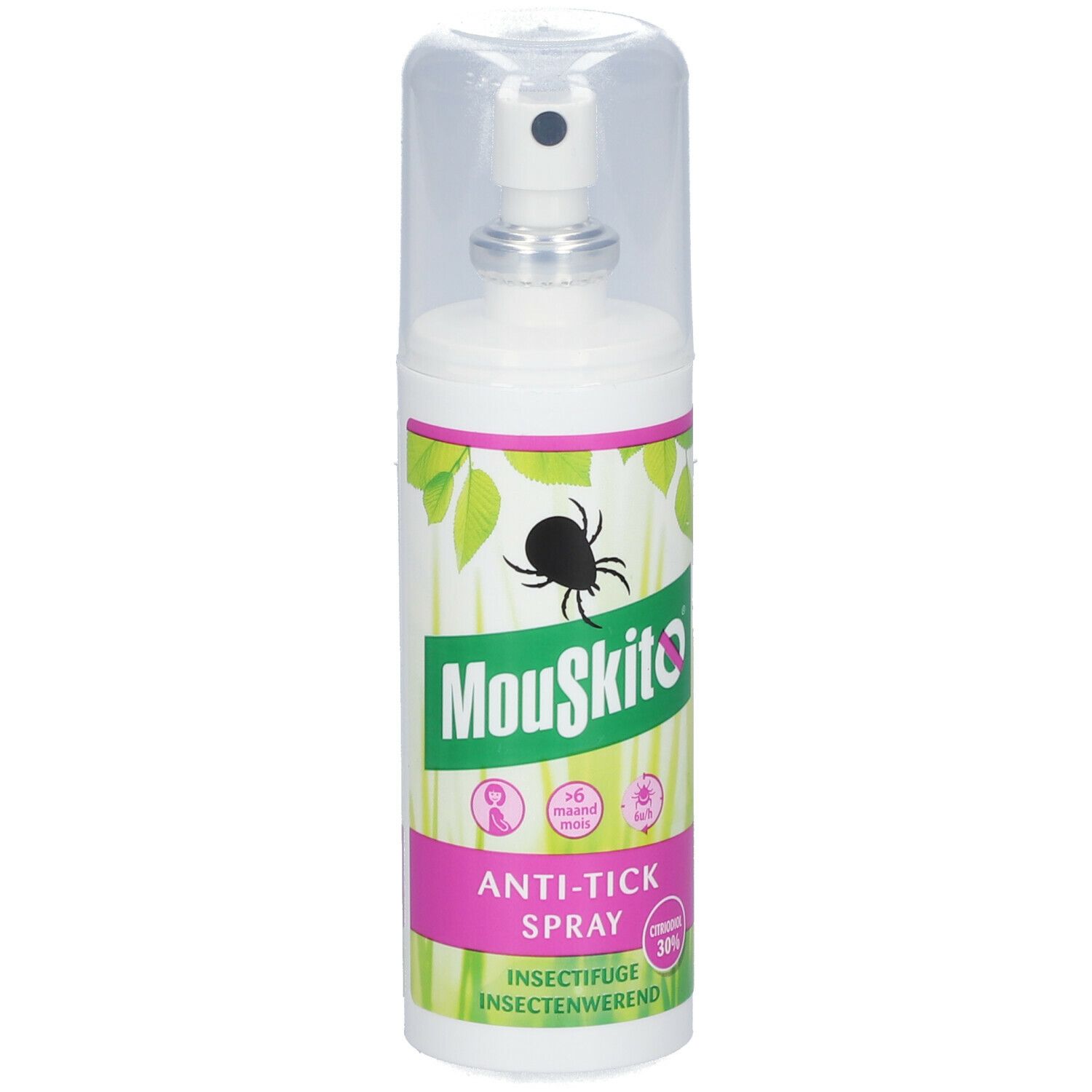 Witte sprayfles met groen-roze etiket. Mouskito® Anti-Tiques Spray, insectenwerend middel. Transparante dop.