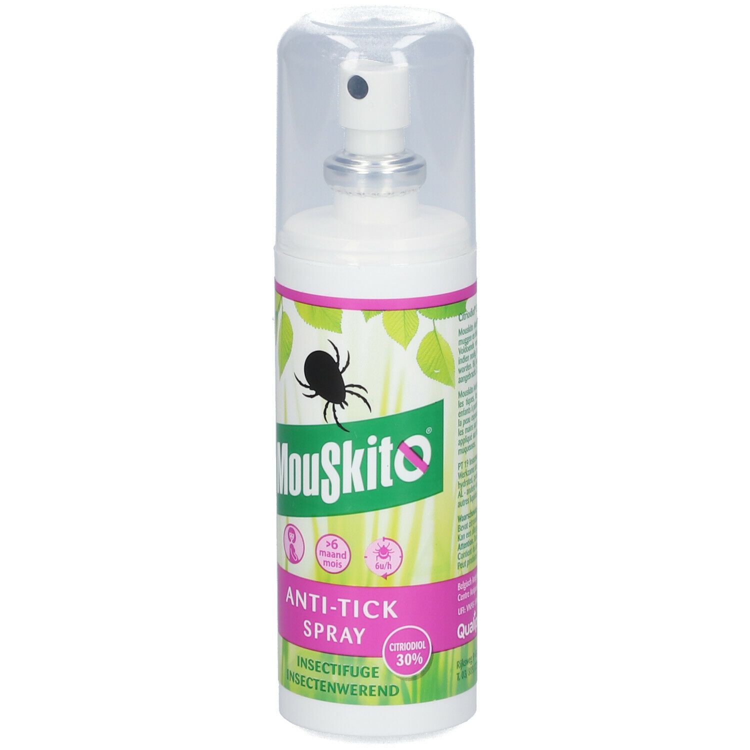 Witte sprayfles met groen-roze etiket. Mouskito® Anti-Tiques Spray, insectenwerend middel. Transparante dop.