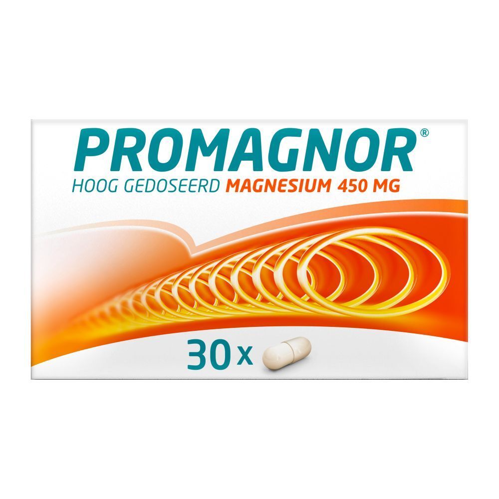 Doosje Promagnor capsules. Opschrift: Magnesium, 450 mg. Bevat 30 capsules.