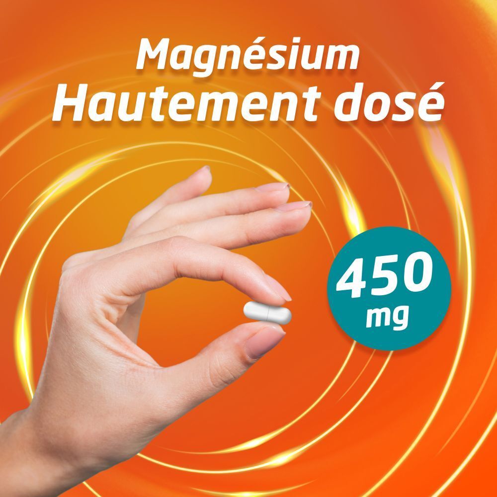 Hand houdt een capsule vast. Opschrift: Magnesium, 450 mg. Achtergrond: oranje wervelingen.