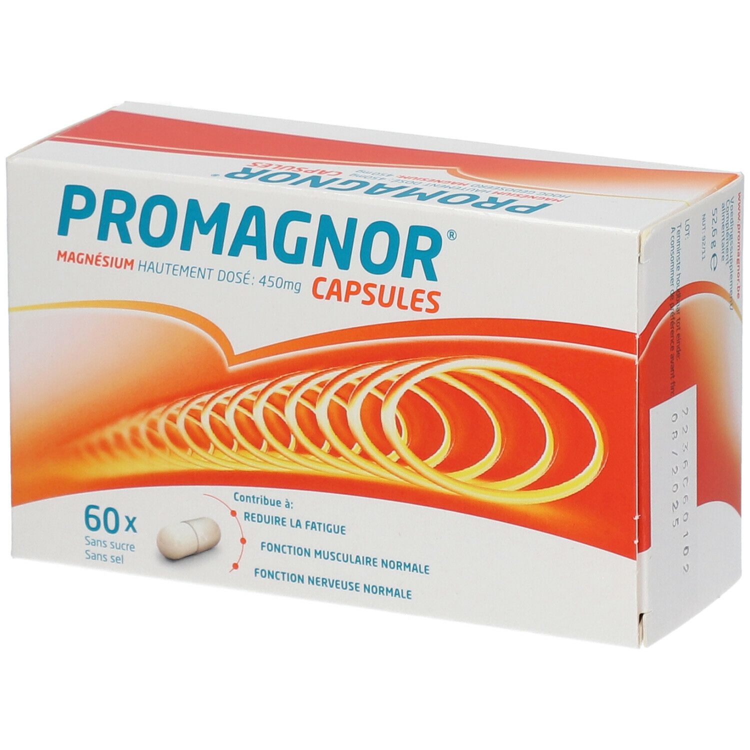 Doosje Promagnor® capsules. Bevat 60 capsules. Opschrift: Magnesium, 450mg. Geel-oranje design.