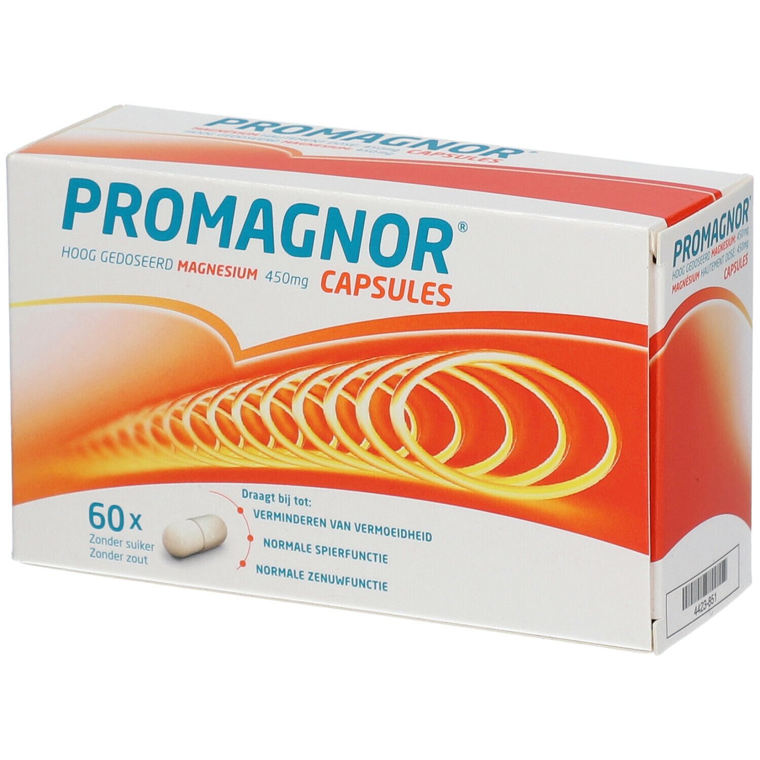 Doosje Promagnor® capsules. Bevat 60 capsules. Opschrift: Magnesium, 450mg. Geel-oranje design. Met Nederlandse tekst.