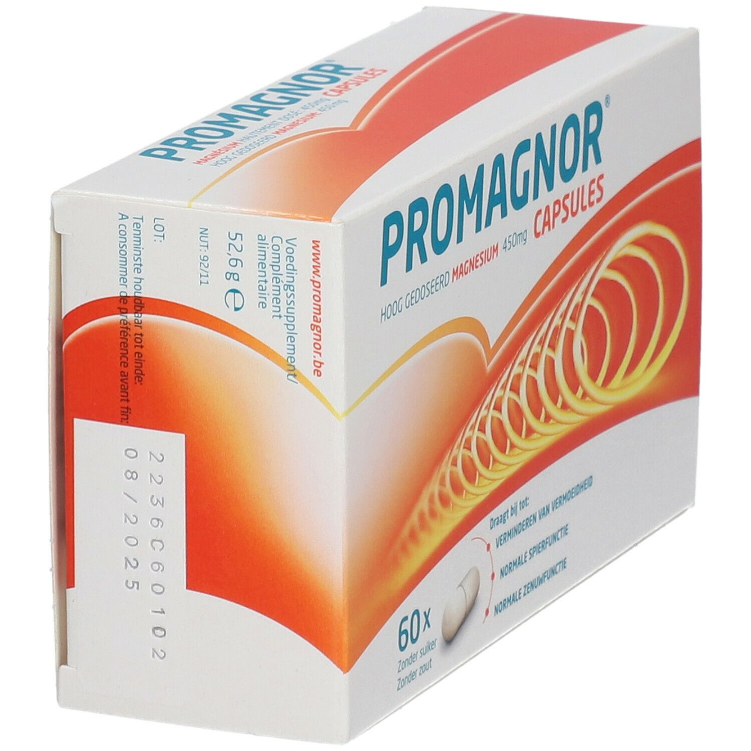 Schuin geplaatst doosje Promagnor® capsules. Bevat 60 capsules. Opschrift: Magnesium, 450mg. Met Nederlandse tekst.